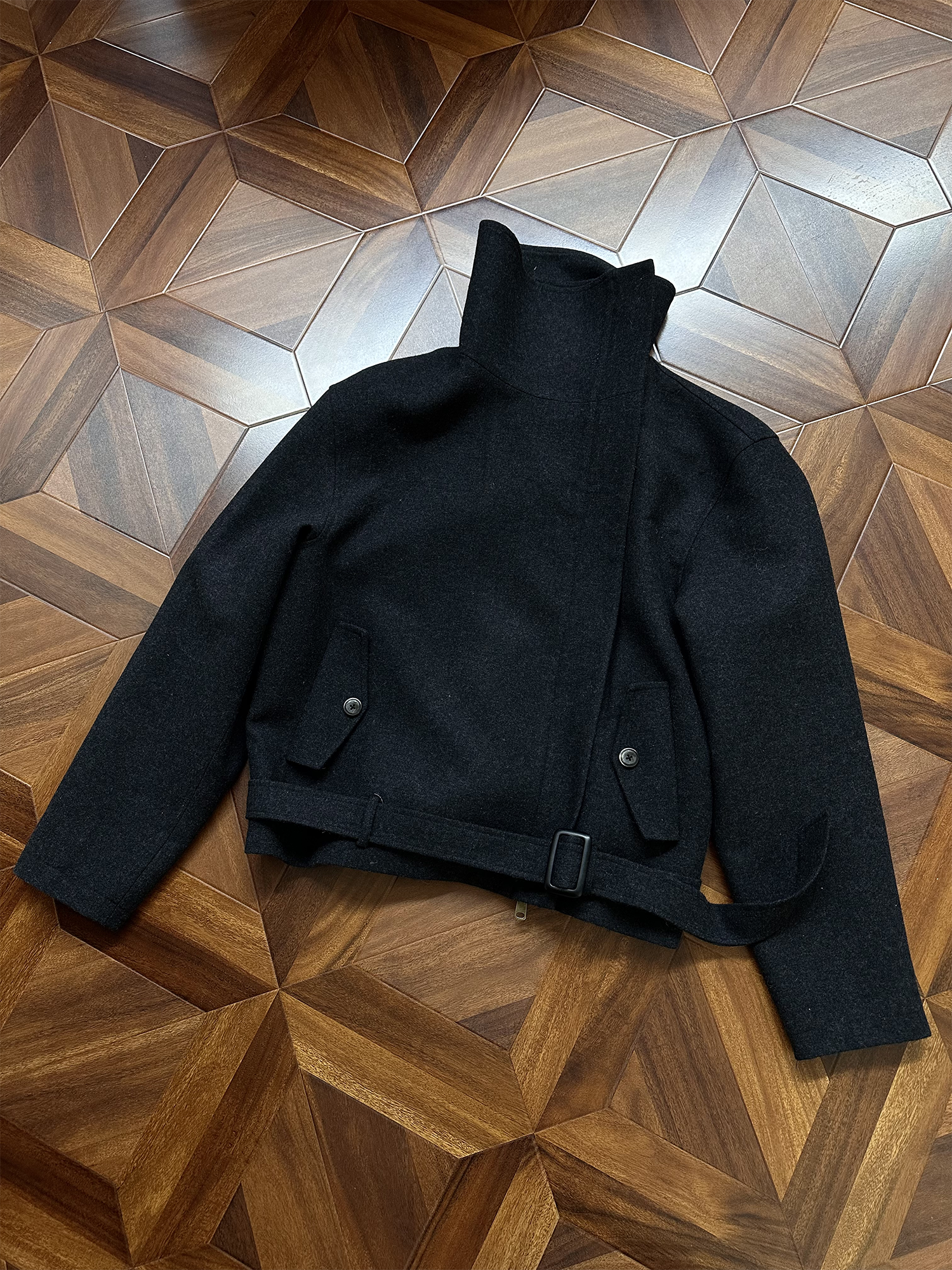 KREATE Asymmetrical Funnel-Neck Wool-Blend Jacket, premium urban and streetwear designers apparel on PROJECTISR.com, KREATE