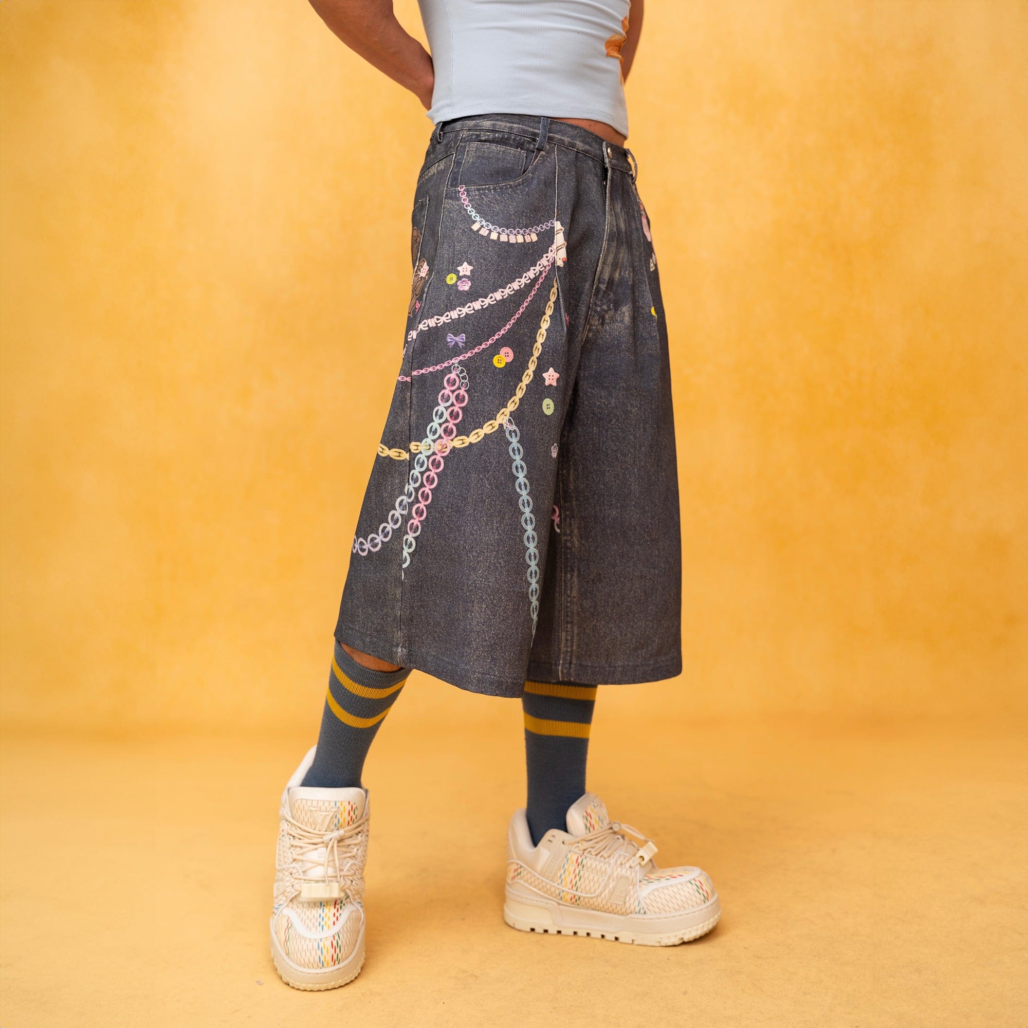 CLP Beaded Chain Graphics Wide-Leg Denim Shorts, premium urban and streetwear designers apparel on PROJECTISR.com, CLP
