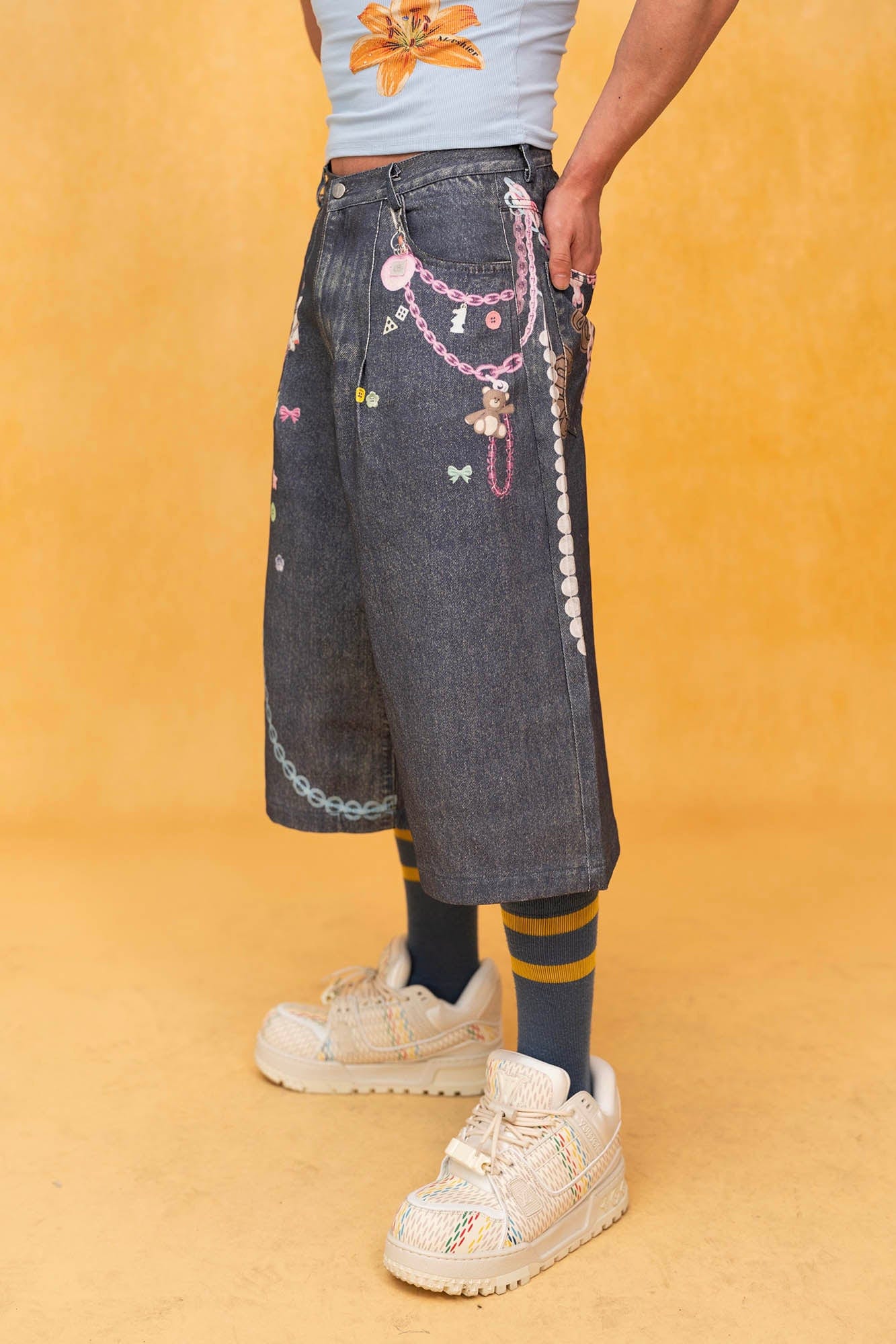 CLP Beaded Chain Graphics Wide-Leg Denim Shorts, premium urban and streetwear designers apparel on PROJECTISR.com, CLP