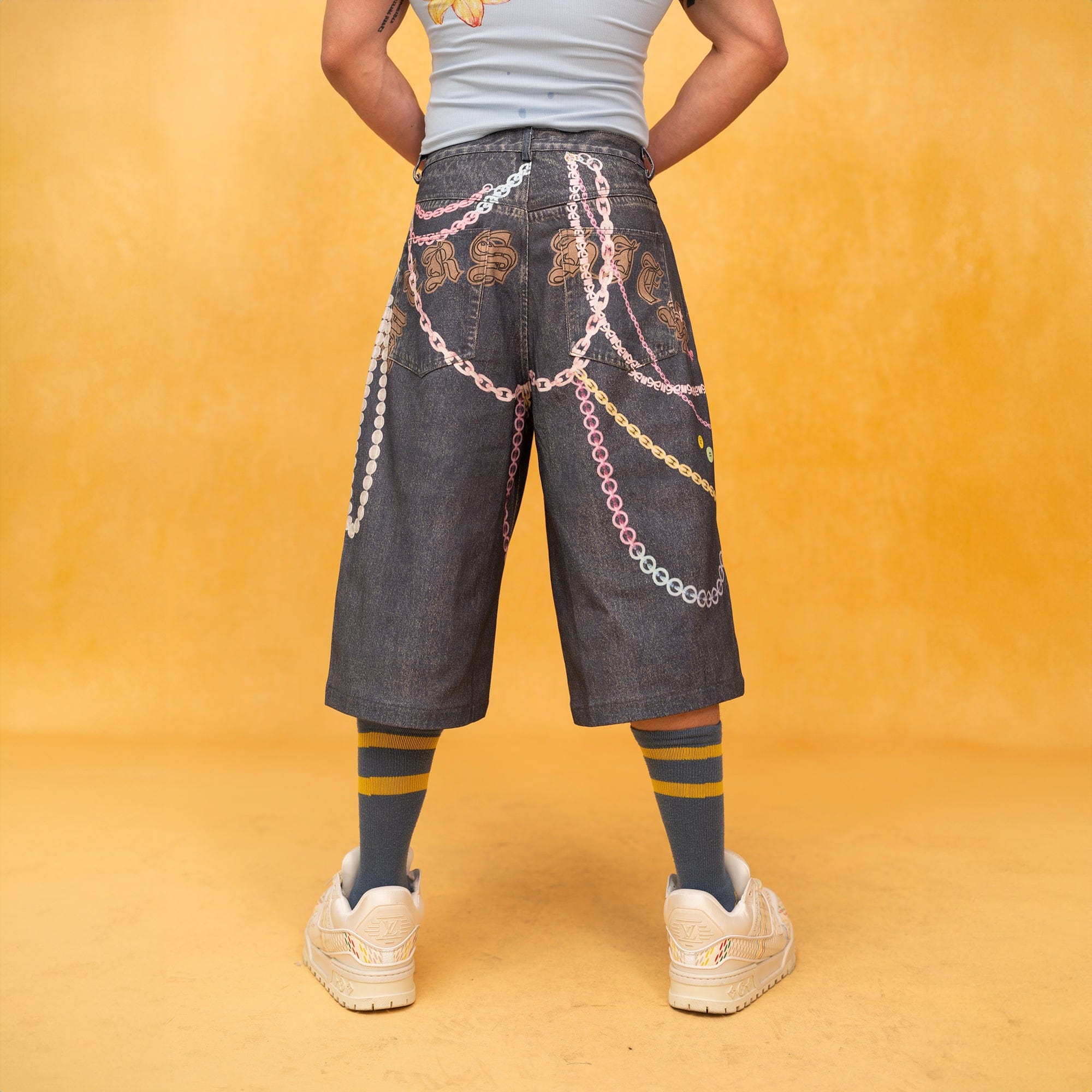 CLP Beaded Chain Graphics Wide-Leg Denim Shorts, premium urban and streetwear designers apparel on PROJECTISR.com, CLP