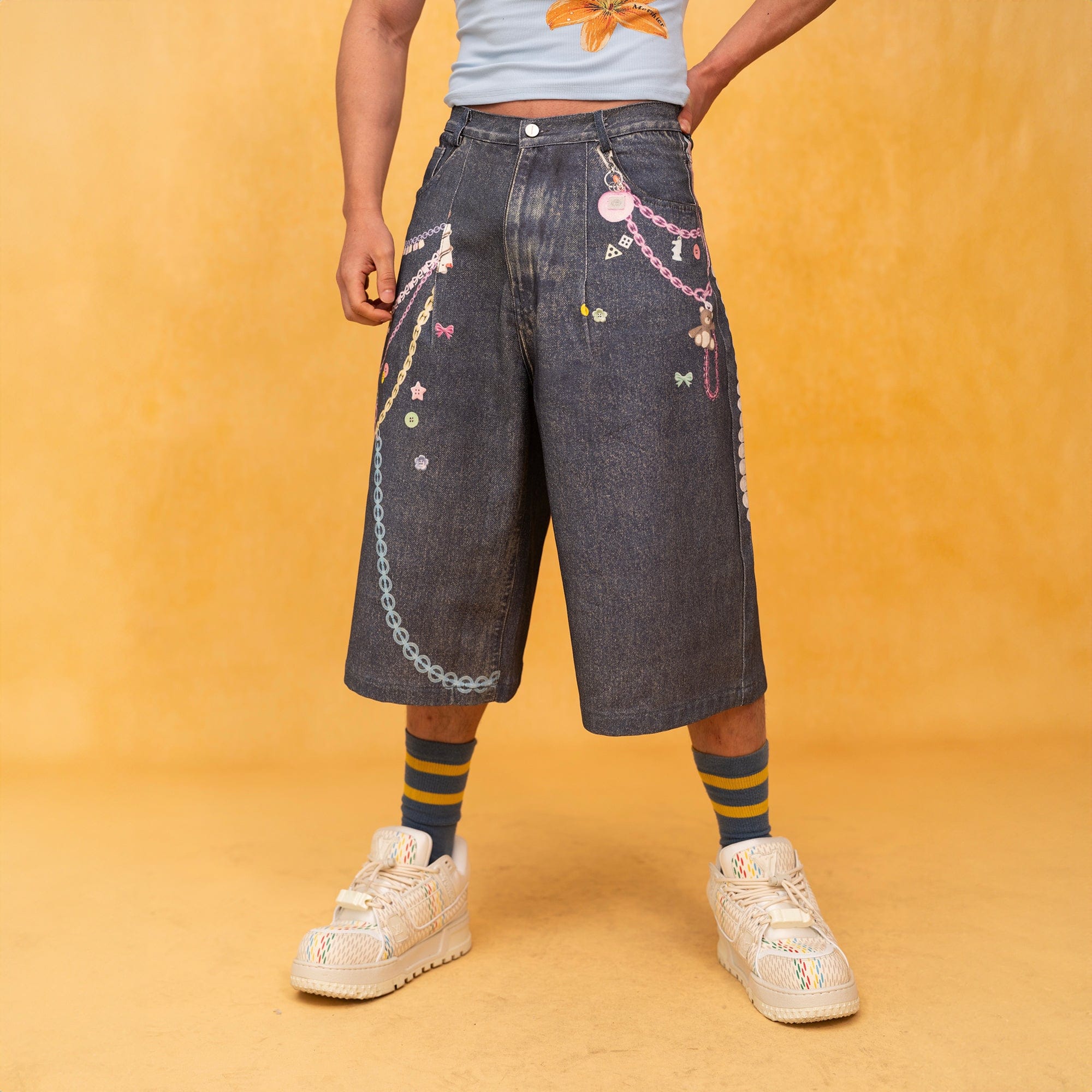 CLP Beaded Chain Graphics Wide-Leg Denim Shorts, premium urban and streetwear designers apparel on PROJECTISR.com, CLP