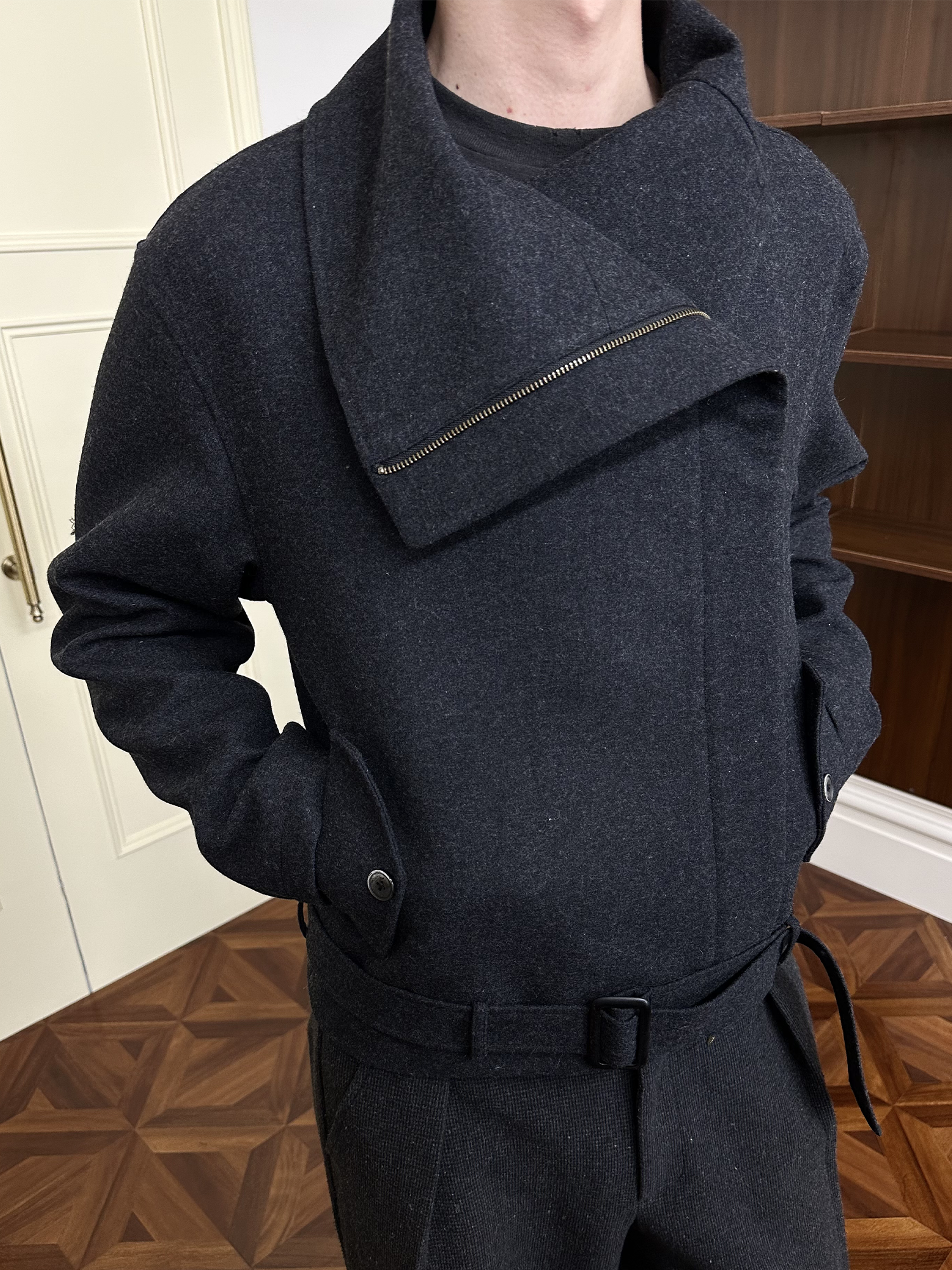 KREATE Asymmetrical Funnel-Neck Wool-Blend Jacket, premium urban and streetwear designers apparel on PROJECTISR.com, KREATE