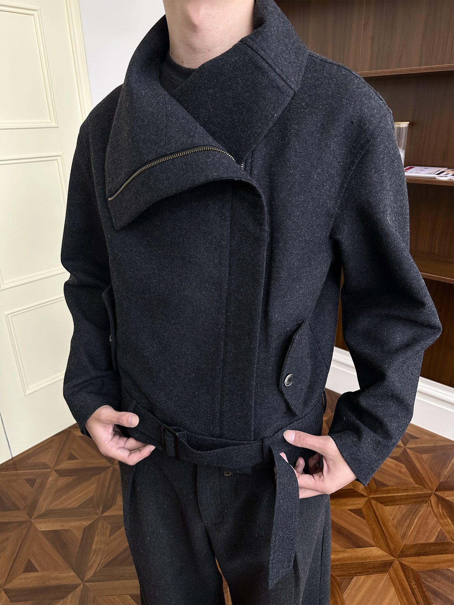 KREATE Asymmetrical Funnel-Neck Wool-Blend Jacket, premium urban and streetwear designers apparel on PROJECTISR.com, KREATE