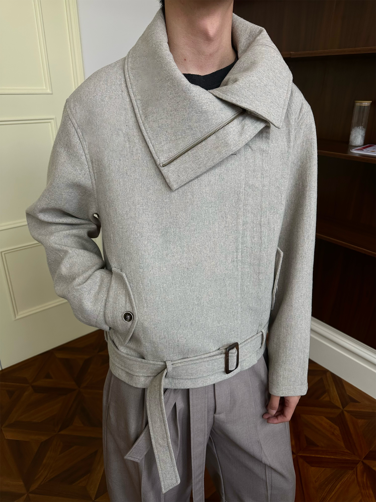 KREATE Asymmetrical Funnel-Neck Wool-Blend Jacket, premium urban and streetwear designers apparel on PROJECTISR.com, KREATE