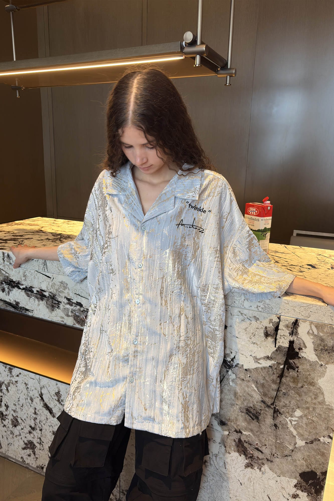 MIICHOUS Metallic Foil Brushed Embroidered Cuban Half Shirt