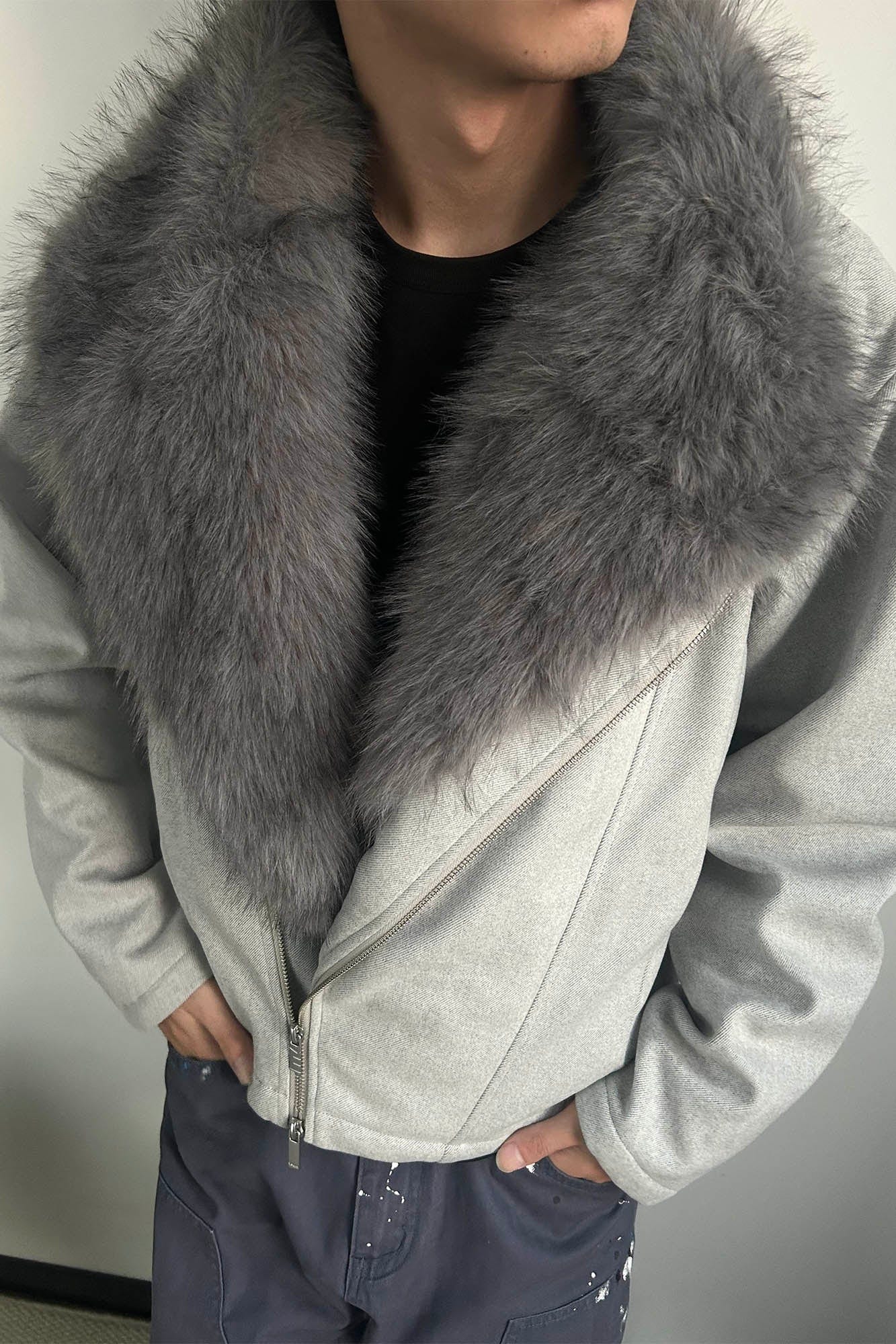 KREATE Detachable Faux Fur Collar Asymmetrical Jacket, premium urban and streetwear designers apparel on PROJECTISR.com, KREATE