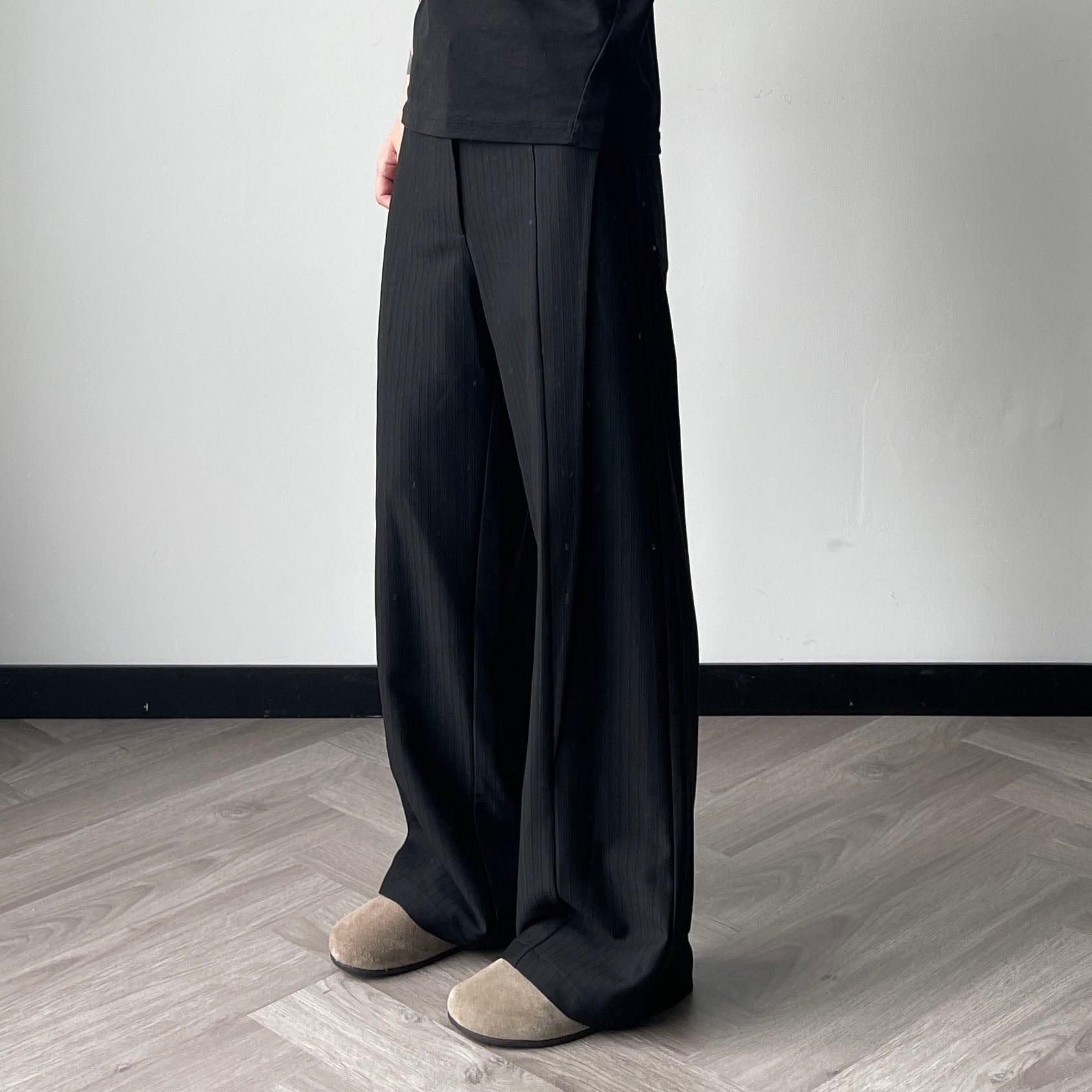 OKAYTHXBYE Pinstripe Twin Front Pleats Wide-Leg Pants, premium urban and streetwear designers apparel on PROJECTISR.com, OKAYTHXBYE