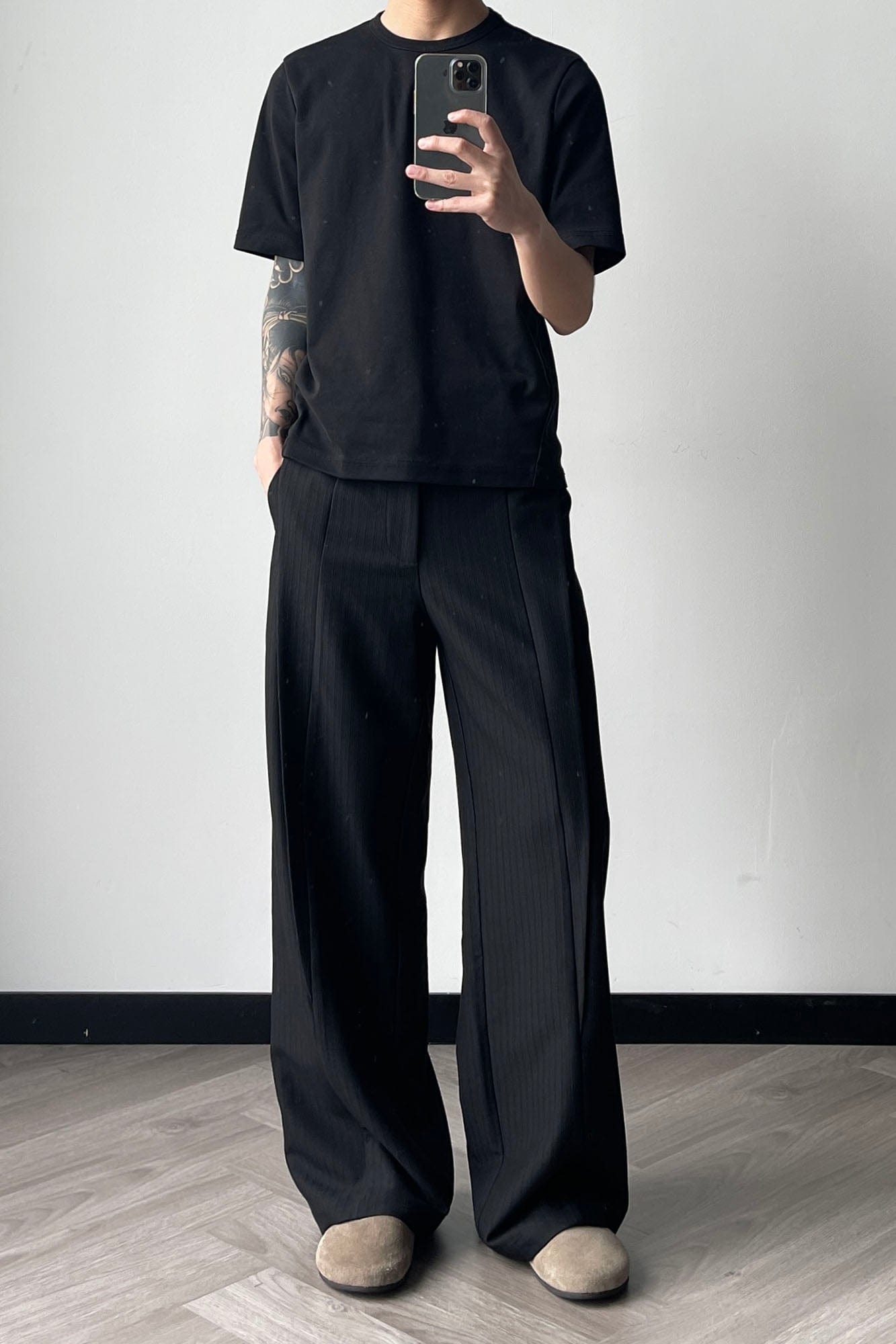 OKAYTHXBYE Pinstripe Twin Front Pleats Wide-Leg Pants, premium urban and streetwear designers apparel on PROJECTISR.com, OKAYTHXBYE