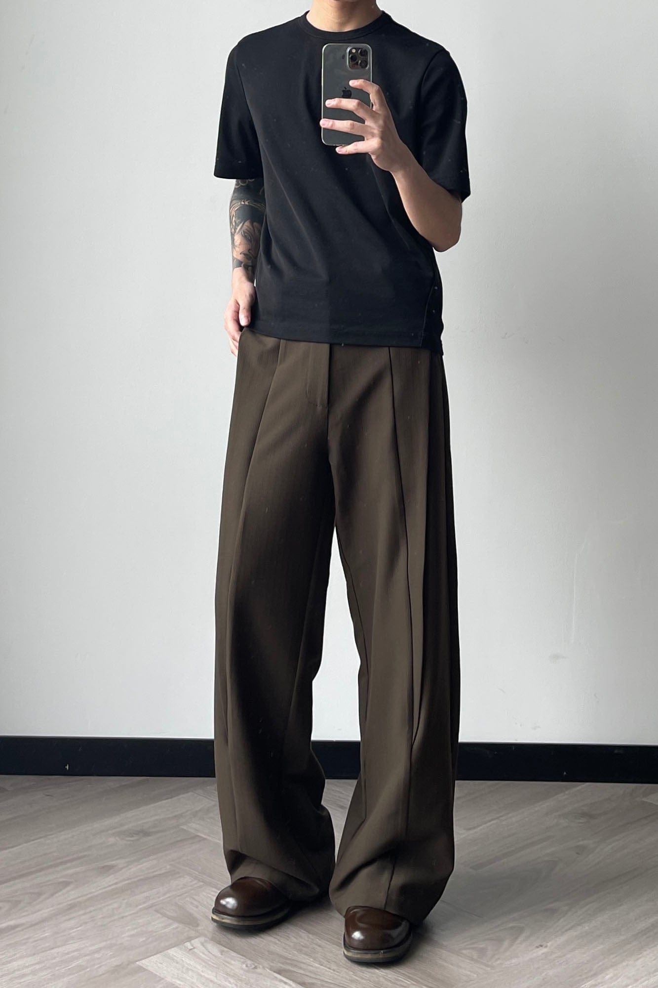 OKAYTHXBYE Pinstripe Twin Front Pleats Wide-Leg Pants, premium urban and streetwear designers apparel on PROJECTISR.com, OKAYTHXBYE