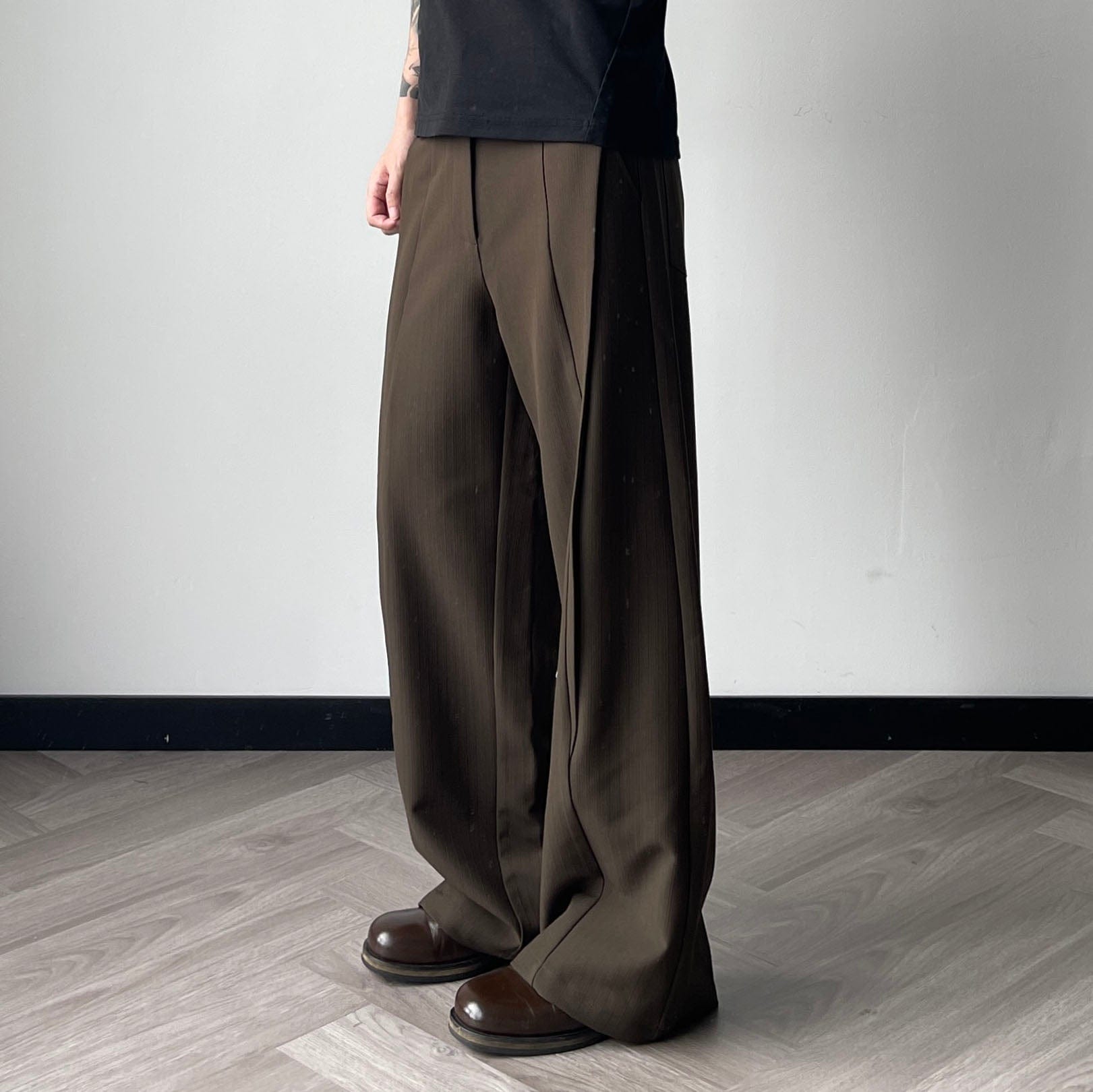 OKAYTHXBYE Pinstripe Twin Front Pleats Wide-Leg Pants, premium urban and streetwear designers apparel on PROJECTISR.com, OKAYTHXBYE