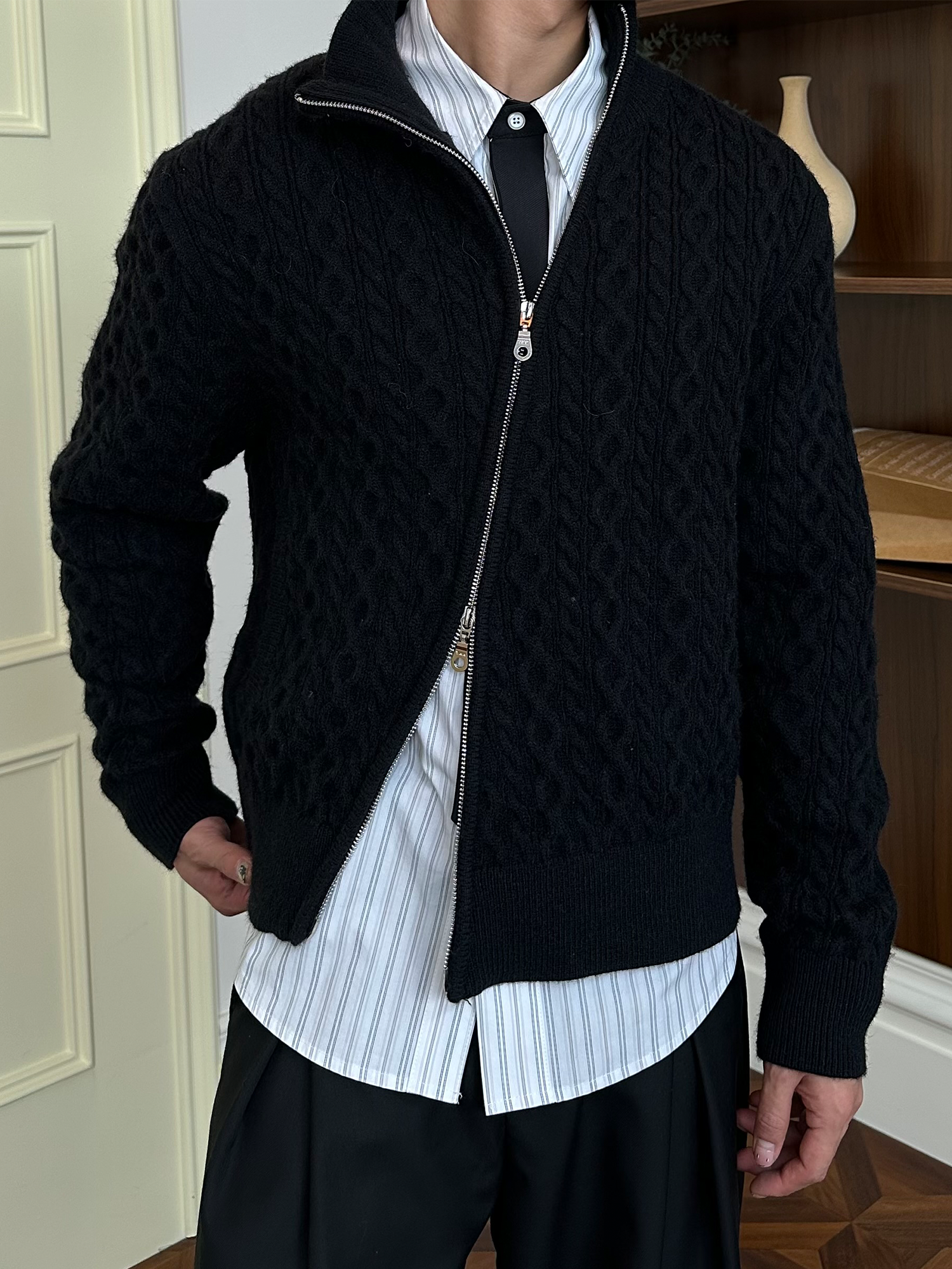 KREATE Asymmetrical Zip Cable-Knit Sweater, premium urban and streetwear designers apparel on PROJECTISR.com, KREATE