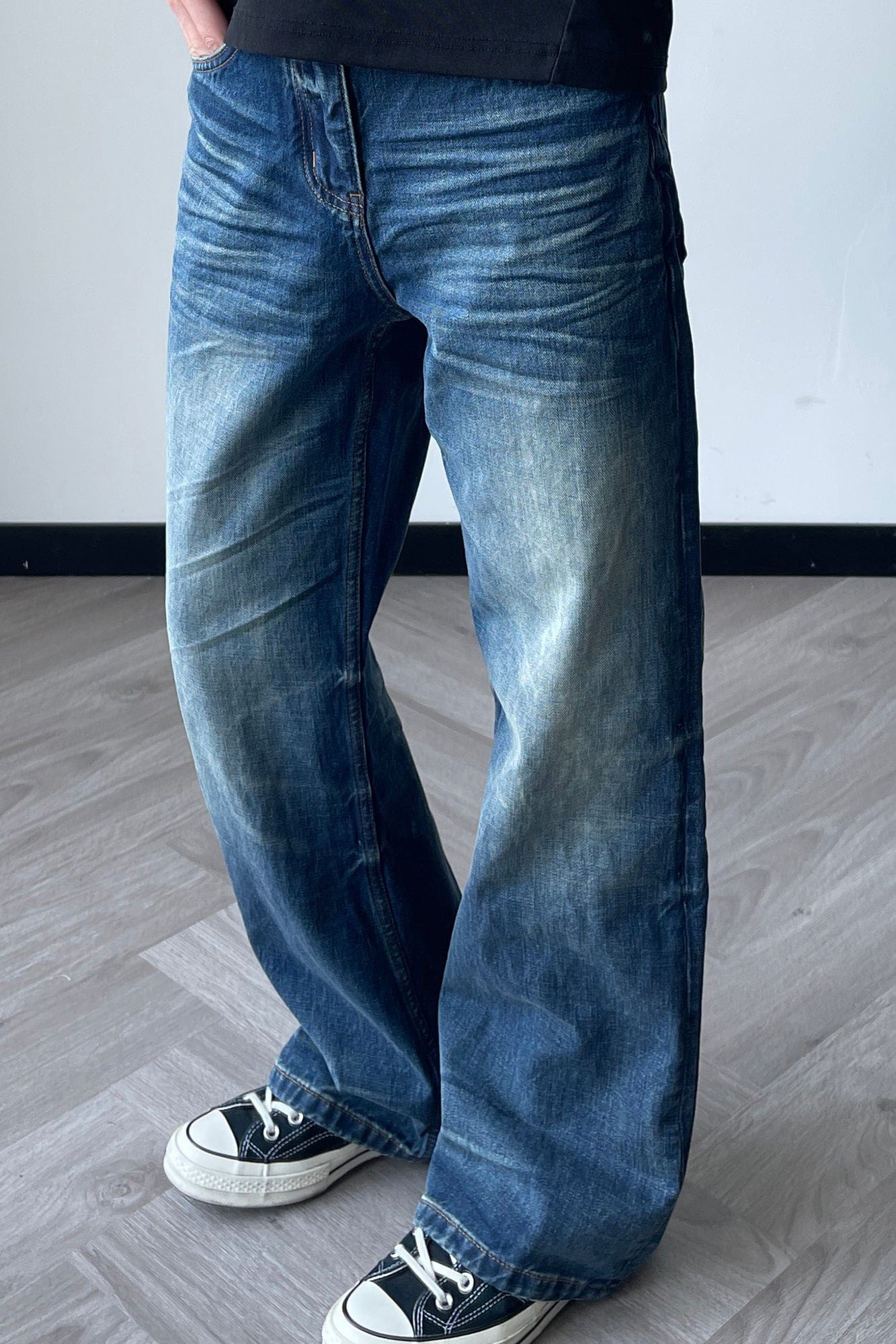 OKAYTHXBYE Wrinkled Washed Wide-Leg Jeans, premium urban and streetwear designers apparel on PROJECTISR.com, OKAYTHXBYE