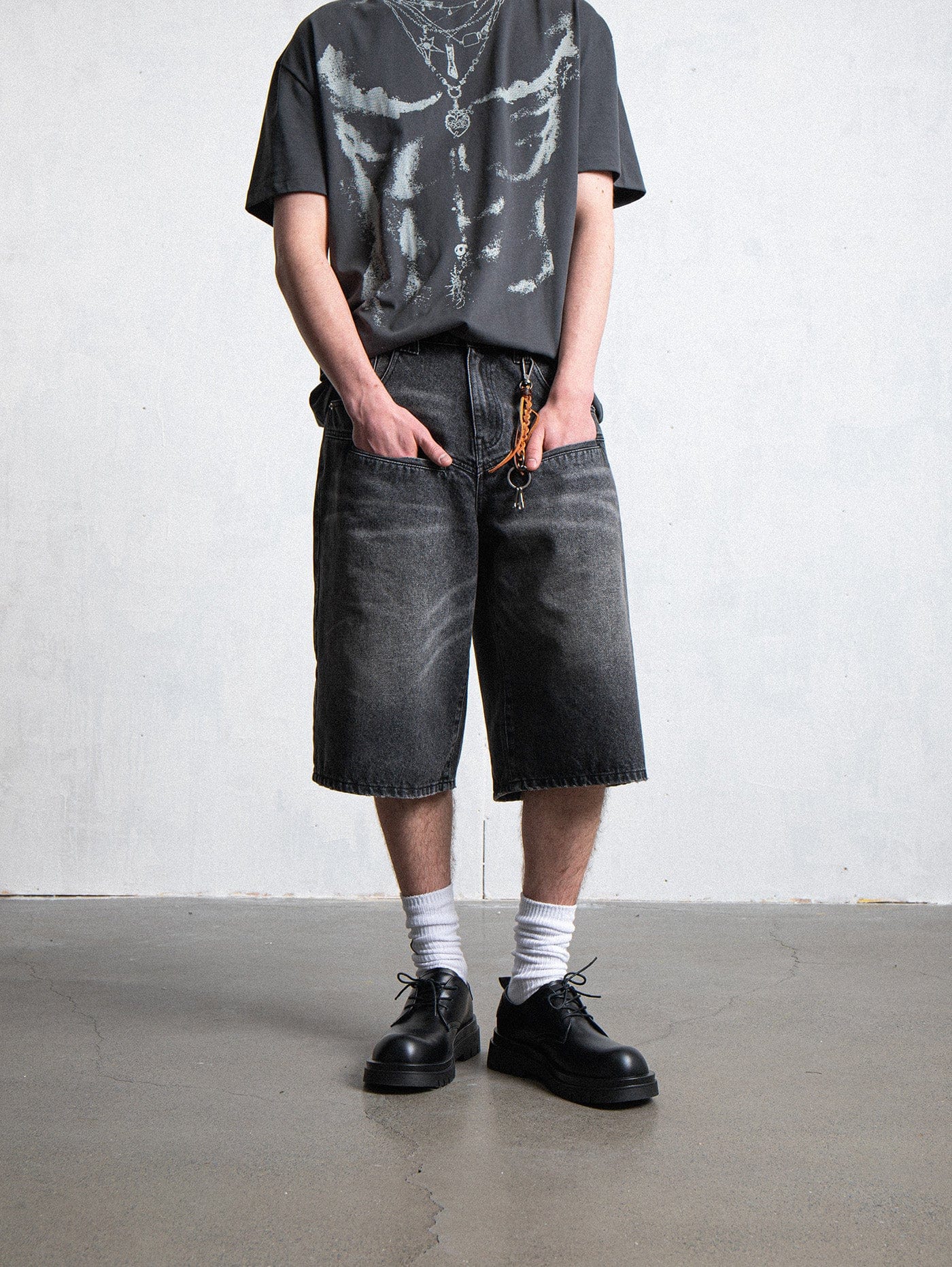 LEONSENSE Spliced Washed Oversized Jeans Shorts, premium urban and streetwear designers apparel on PROJECTISR.com, LEONSENSE