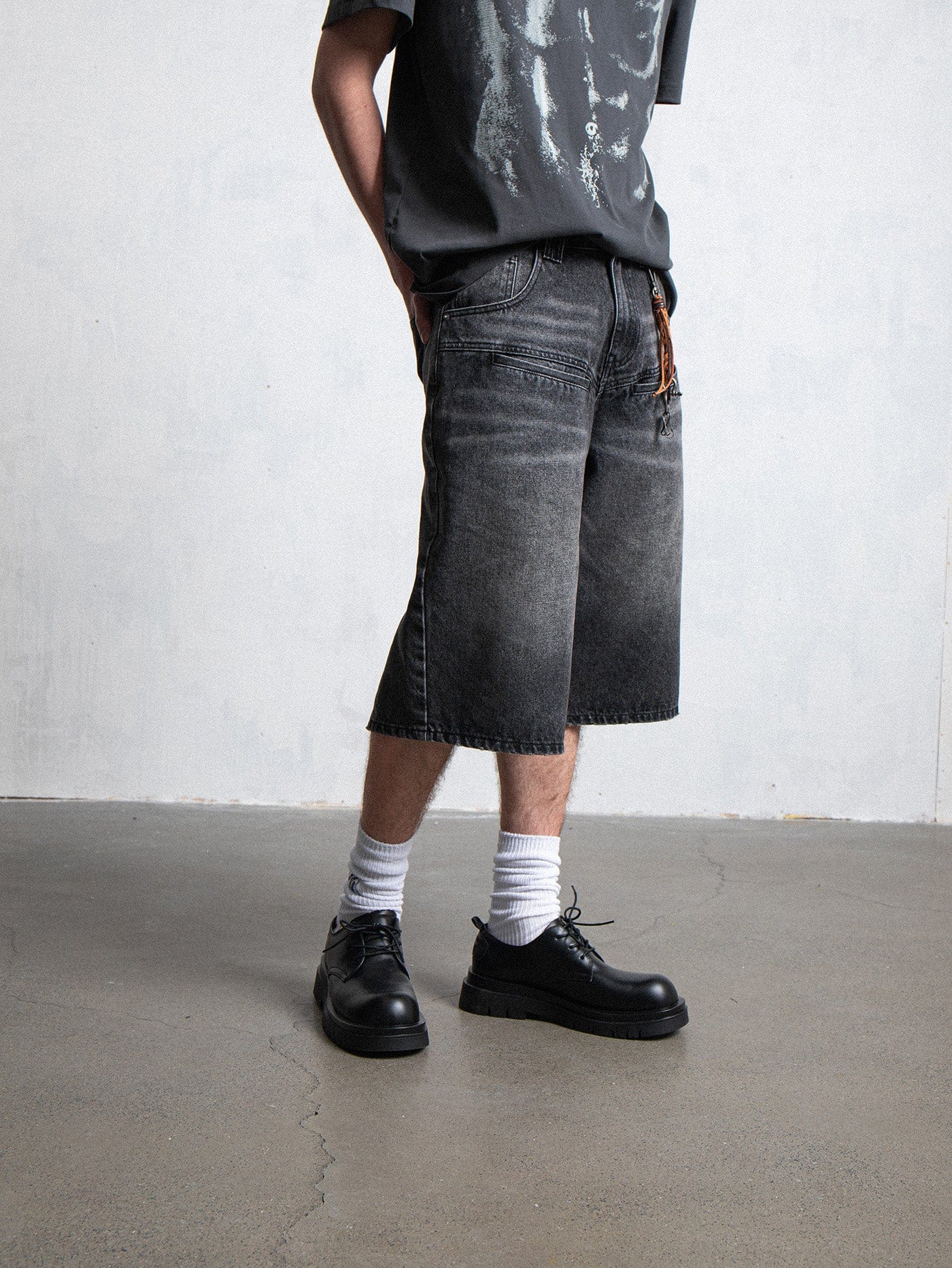 LEONSENSE Spliced Washed Oversized Jeans Shorts, premium urban and streetwear designers apparel on PROJECTISR.com, LEONSENSE