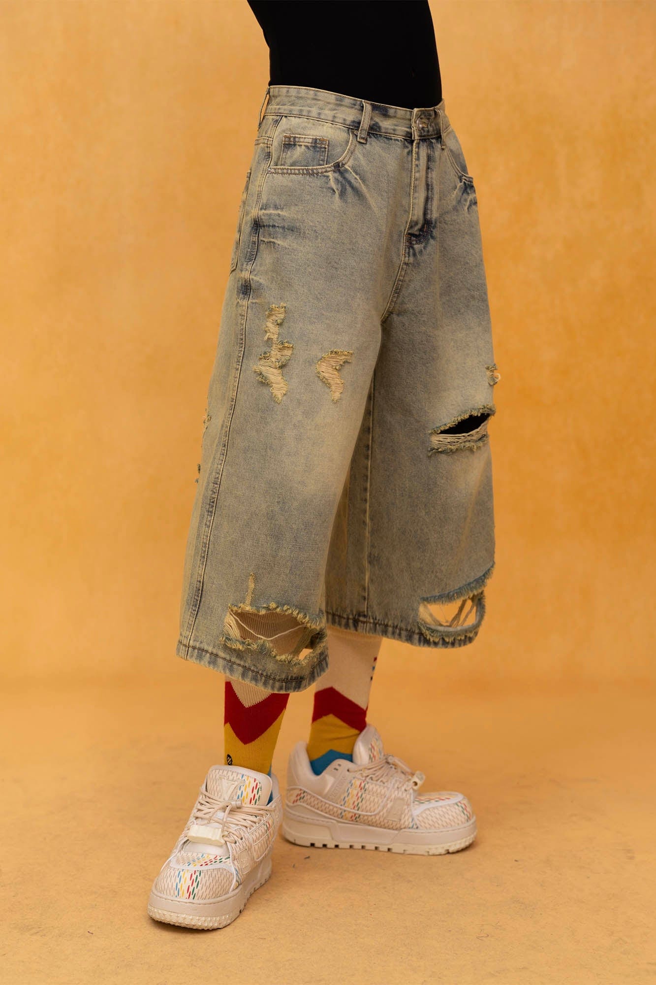 CLP Washed Ripped Knee-Length Denim Shorts, premium urban and streetwear designers apparel on PROJECTISR.com, CLP