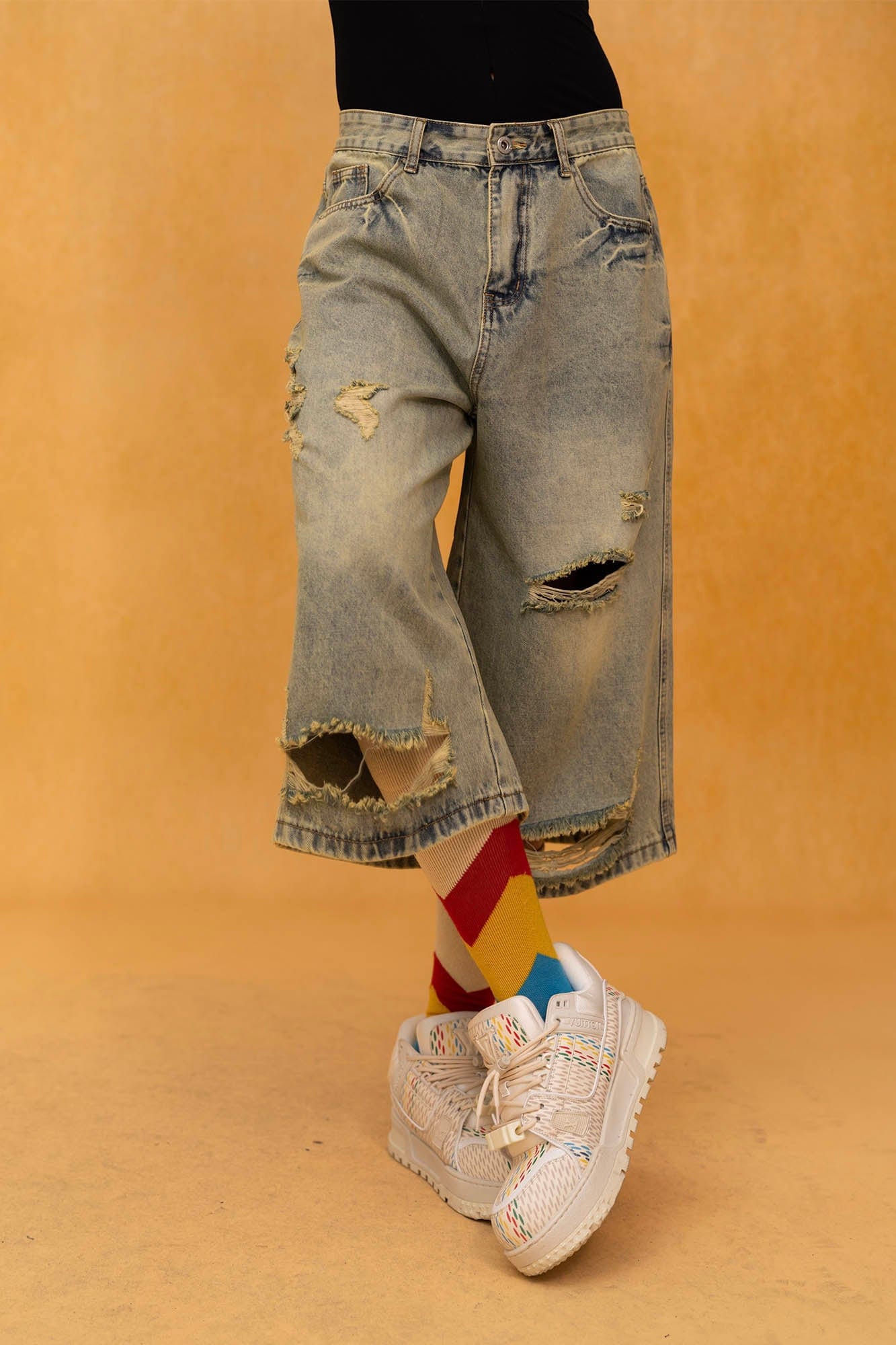 CLP Washed Ripped Knee-Length Denim Shorts, premium urban and streetwear designers apparel on PROJECTISR.com, CLP