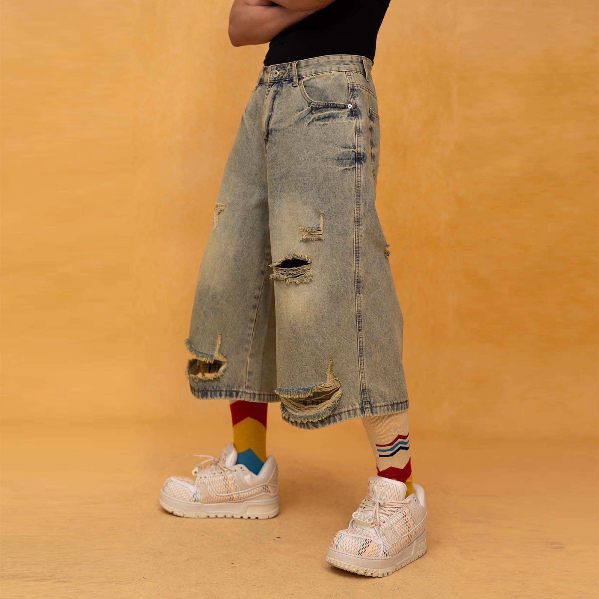 CLP Washed Ripped Knee-Length Denim Shorts, premium urban and streetwear designers apparel on PROJECTISR.com, CLP