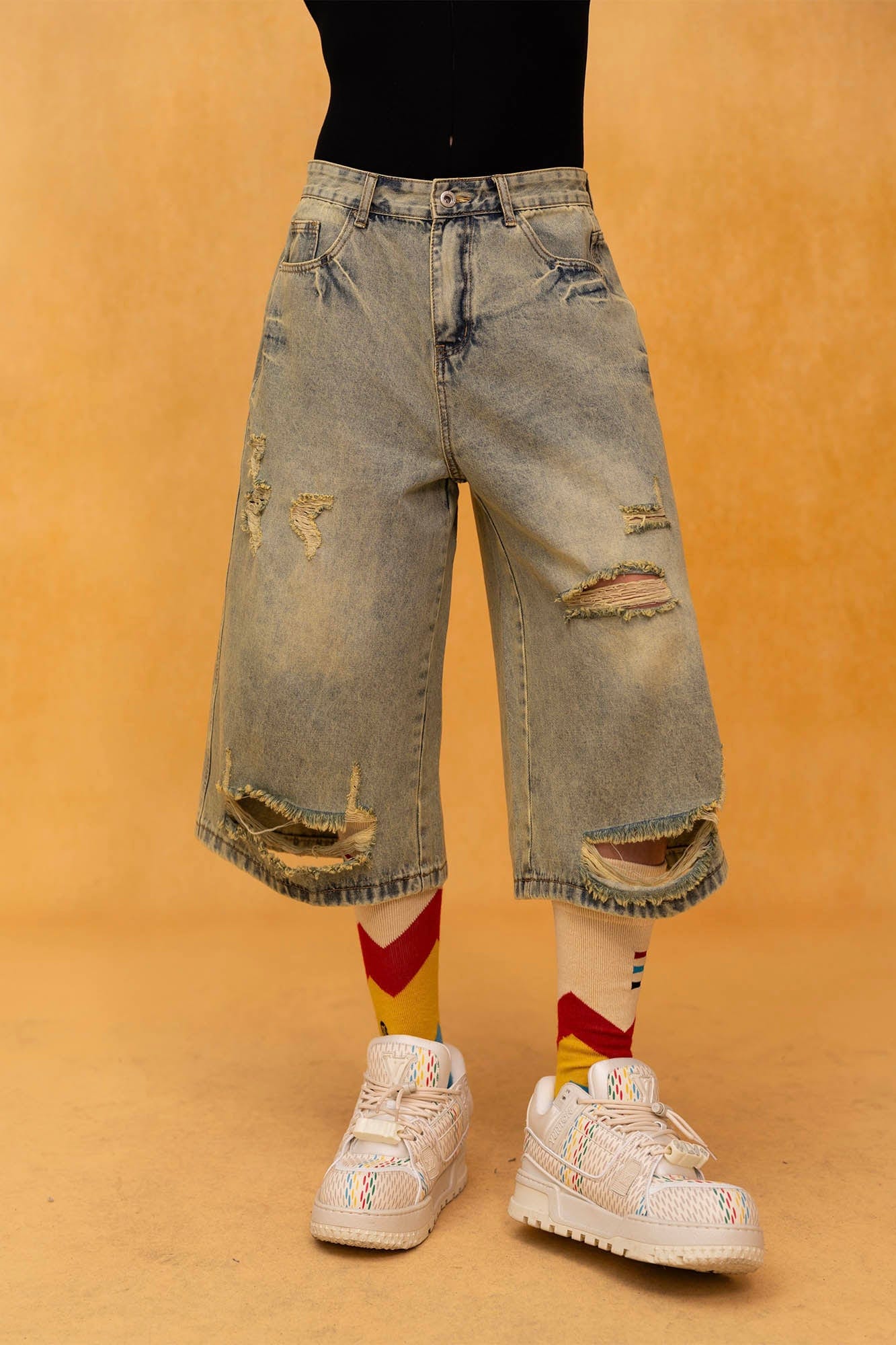 CLP Washed Ripped Knee-Length Denim Shorts, premium urban and streetwear designers apparel on PROJECTISR.com, CLP
