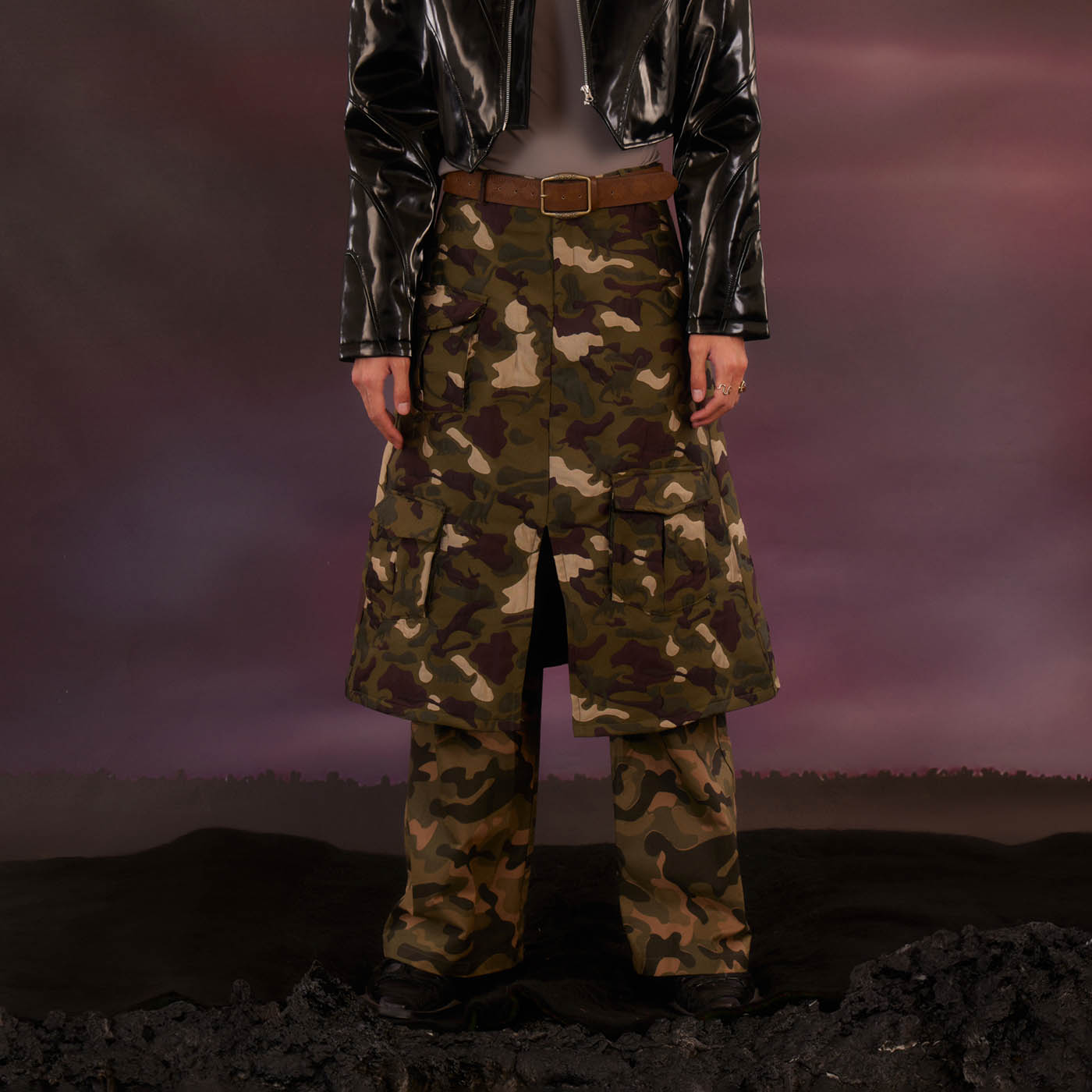 KADAKADA Dinosaur-Camo Embossed Multi-Pocket Skirt Pants, premium urban and streetwear designers apparel on PROJECTISR.com, KADAKADA