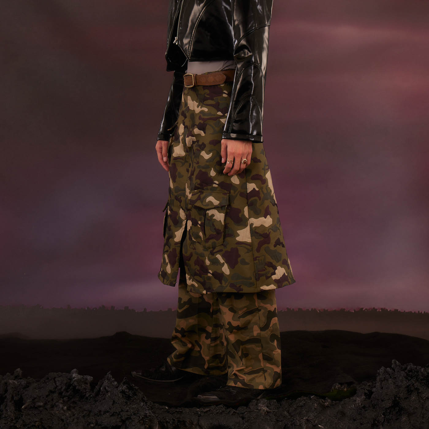 KADAKADA Dinosaur-Camo Embossed Multi-Pocket Skirt Pants, premium urban and streetwear designers apparel on PROJECTISR.com, KADAKADA
