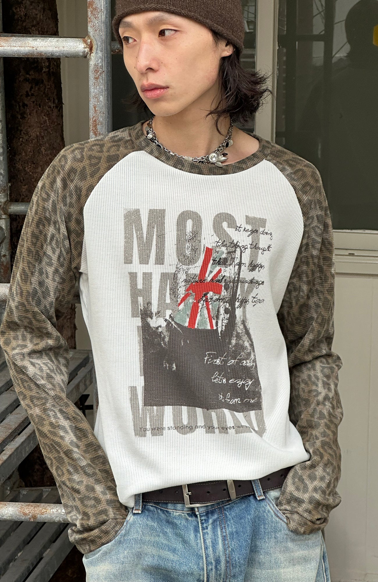 SADSOUP Leopard Raglan Waffle Long-Sleeve Tee