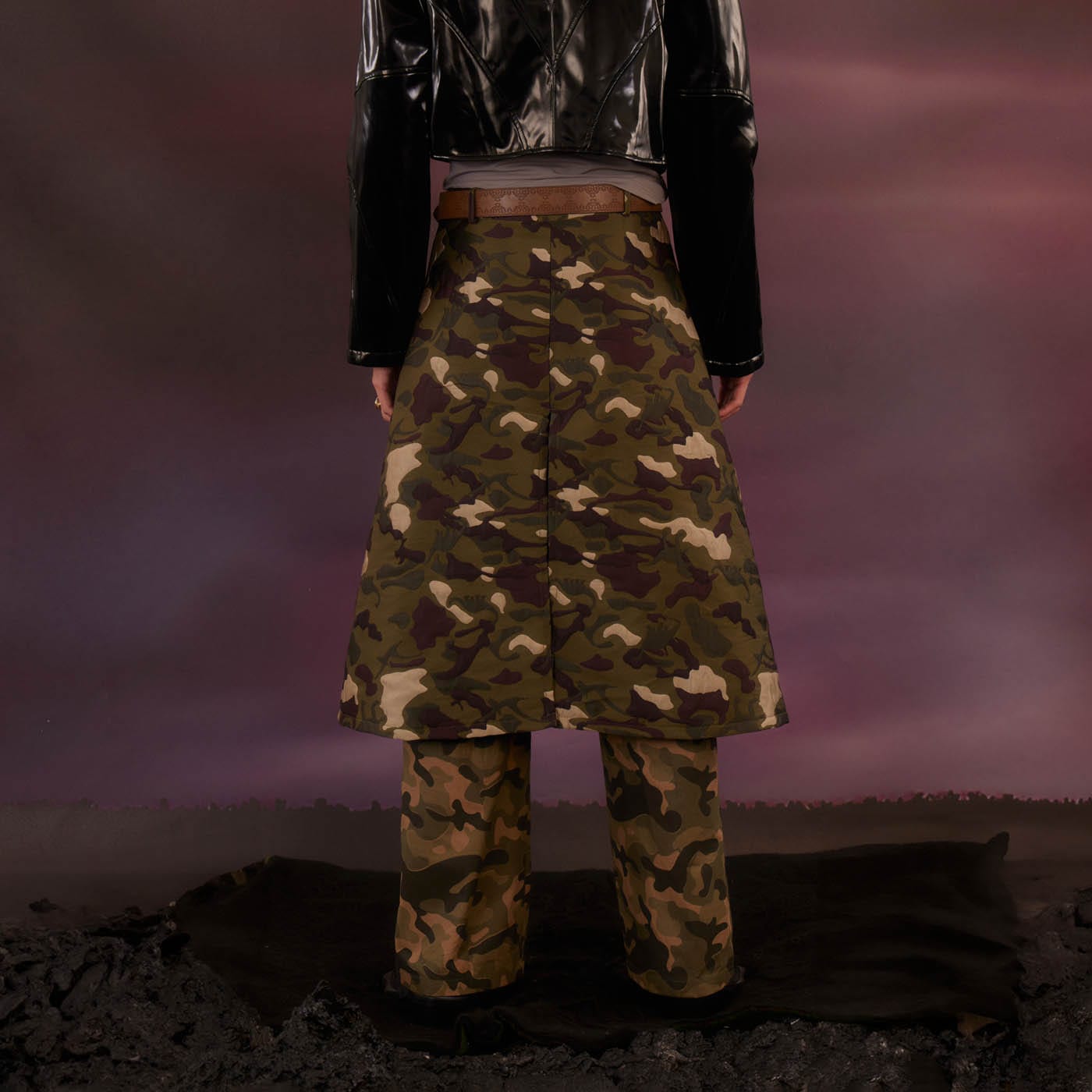 KADAKADA Dinosaur-Camo Embossed Multi-Pocket Skirt Pants, premium urban and streetwear designers apparel on PROJECTISR.com, KADAKADA