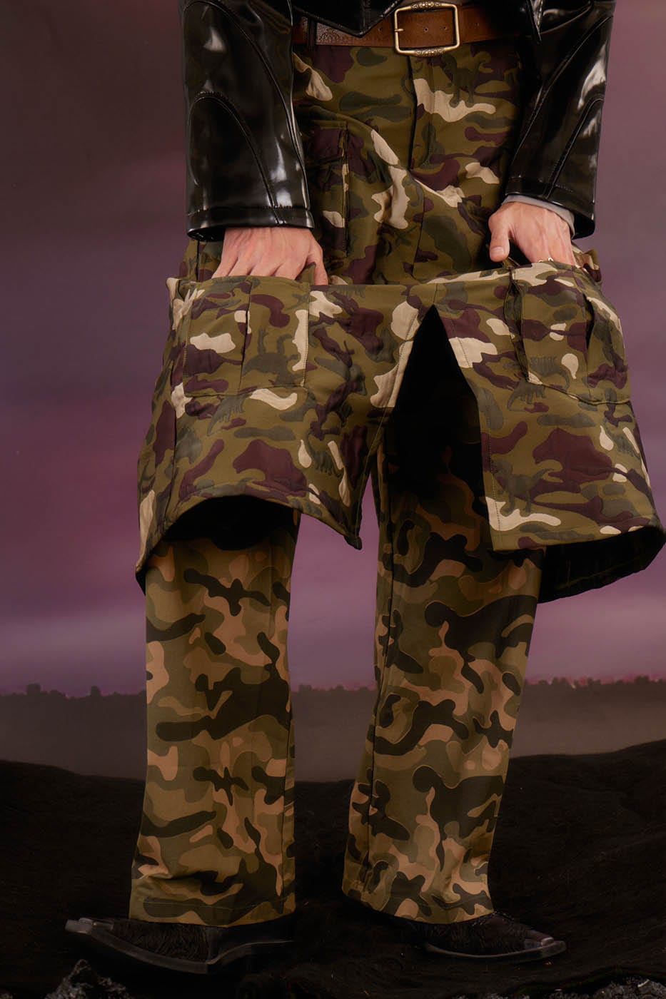 KADAKADA Dinosaur-Camo Embossed Multi-Pocket Skirt Pants, premium urban and streetwear designers apparel on PROJECTISR.com, KADAKADA