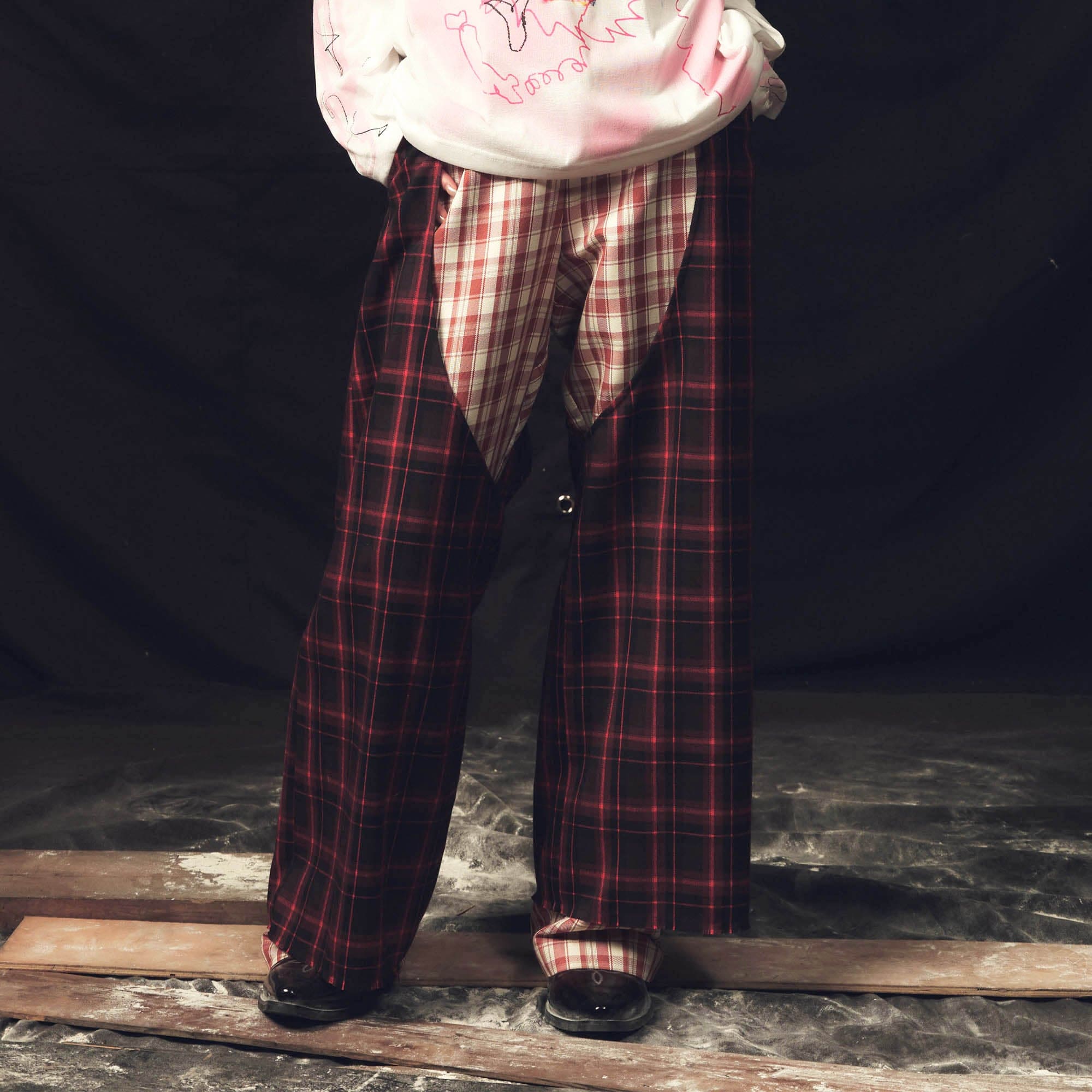 KADAKADA Double Layer Plaid Wide-Leg Pants, premium urban and streetwear designers apparel on PROJECTISR.com, KADAKADA