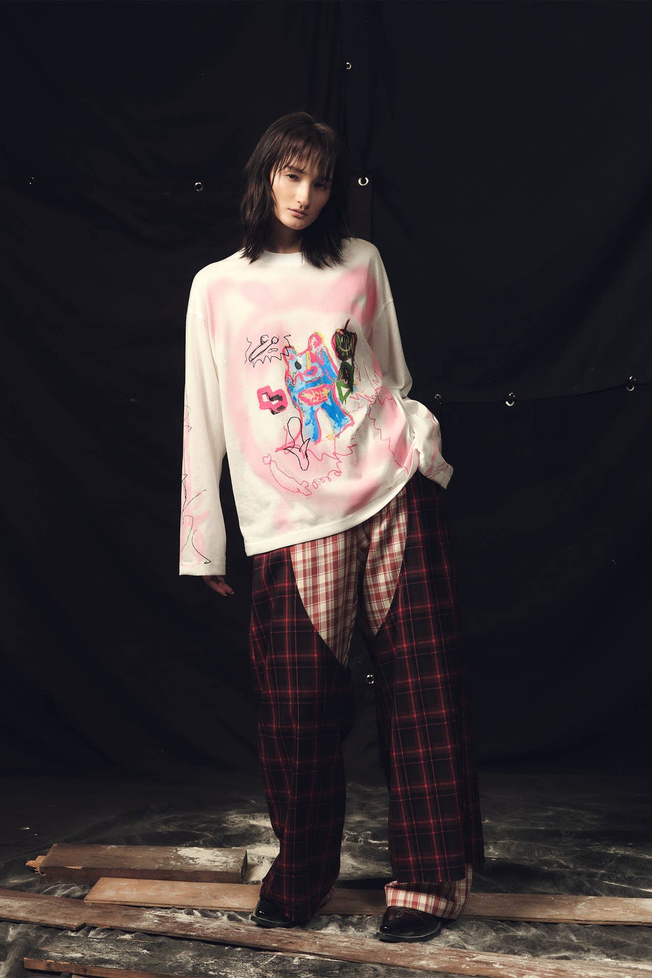 KADAKADA Double Layer Plaid Wide-Leg Pants, premium urban and streetwear designers apparel on PROJECTISR.com, KADAKADA