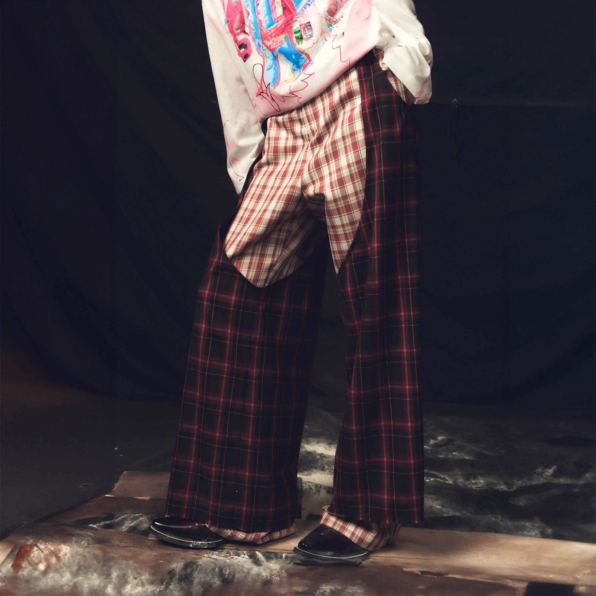 KADAKADA Double Layer Plaid Wide-Leg Pants, premium urban and streetwear designers apparel on PROJECTISR.com, KADAKADA