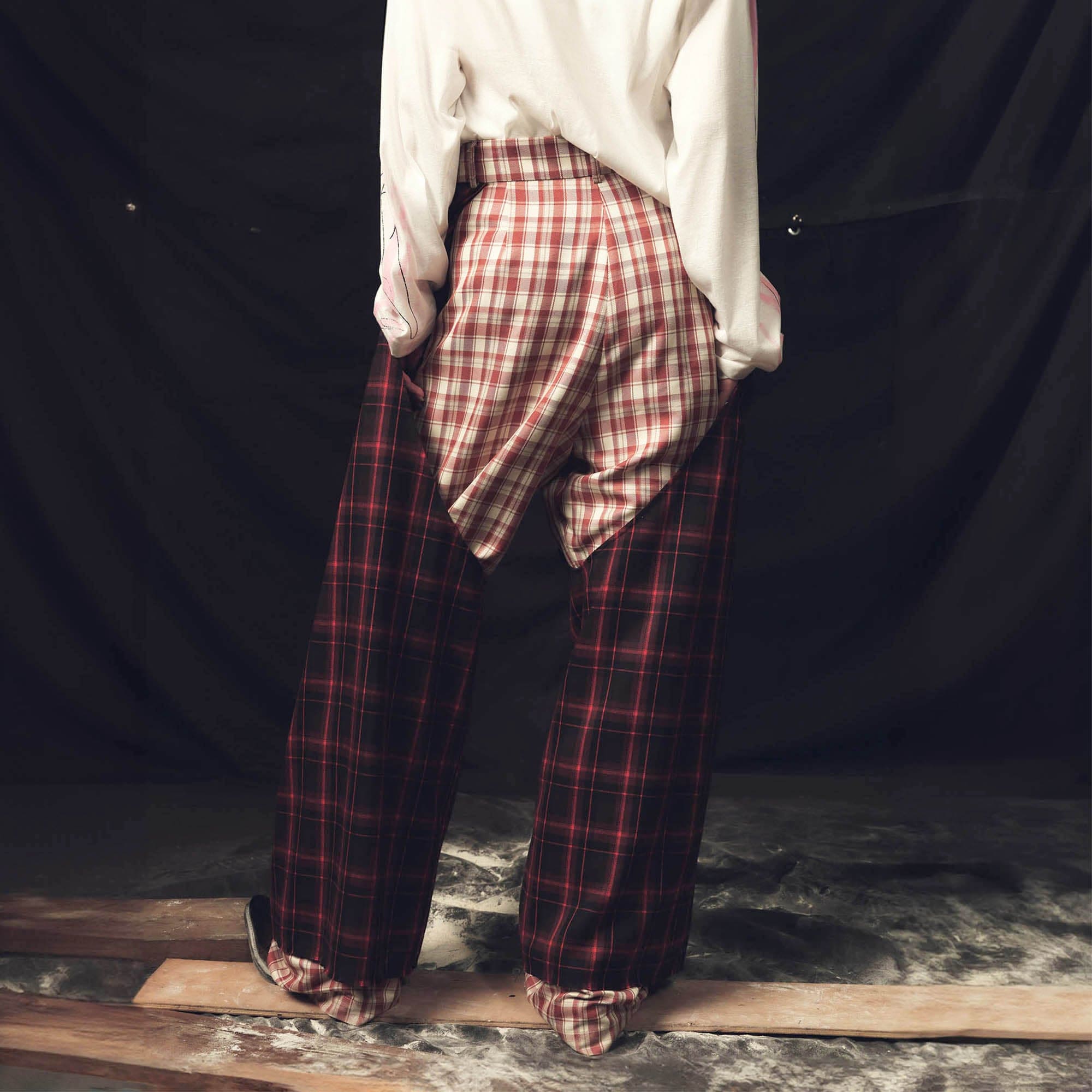 KADAKADA Double Layer Plaid Wide-Leg Pants, premium urban and streetwear designers apparel on PROJECTISR.com, KADAKADA