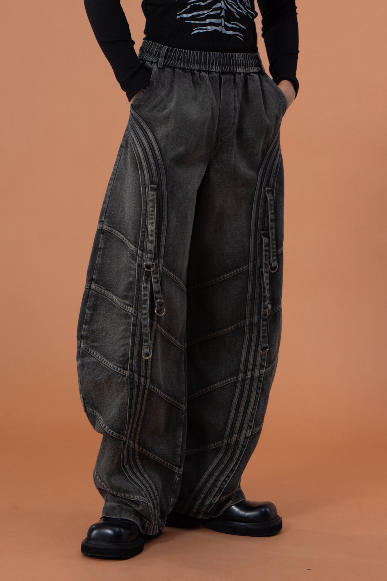 CLP Washed Arc Panel Strap Wide-Leg Jeans