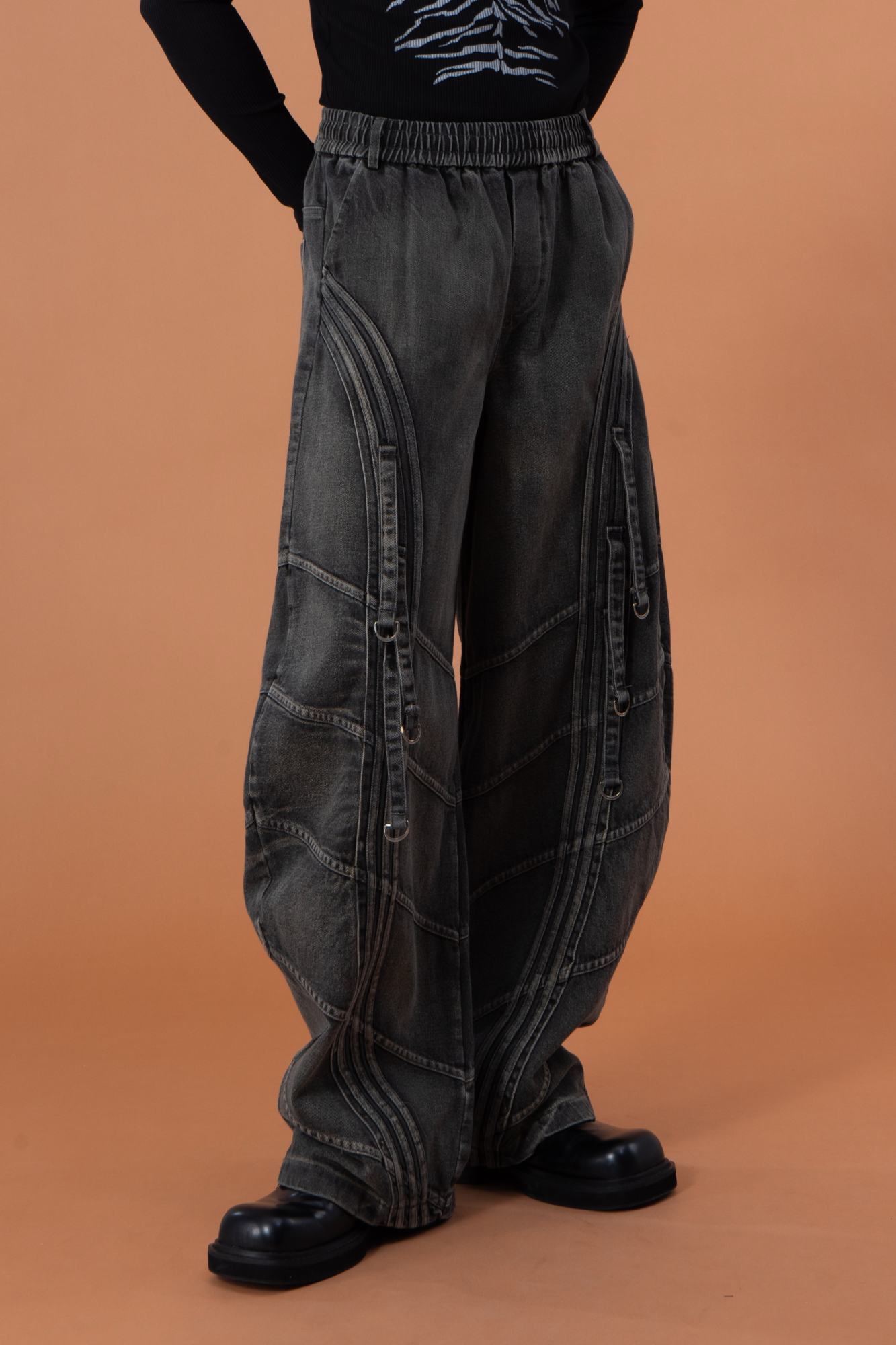 CLP Washed Arc Panel Strap Wide-Leg Jeans