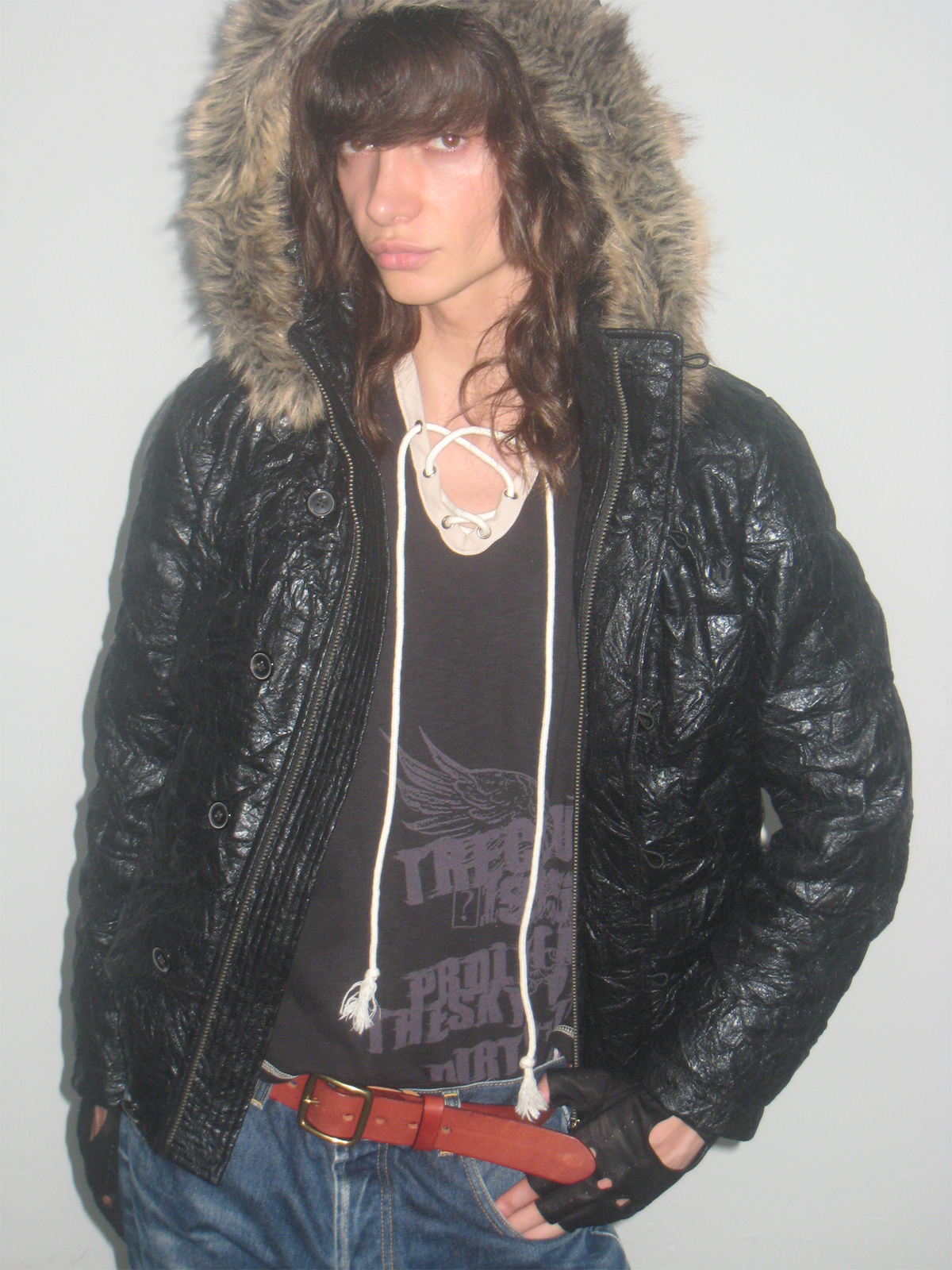 TRECLUB Crinkled Faux Leather Fur-Collar Hooded Jacket, premium urban and streetwear designers apparel on PROJECTISR.com, TRECLUB