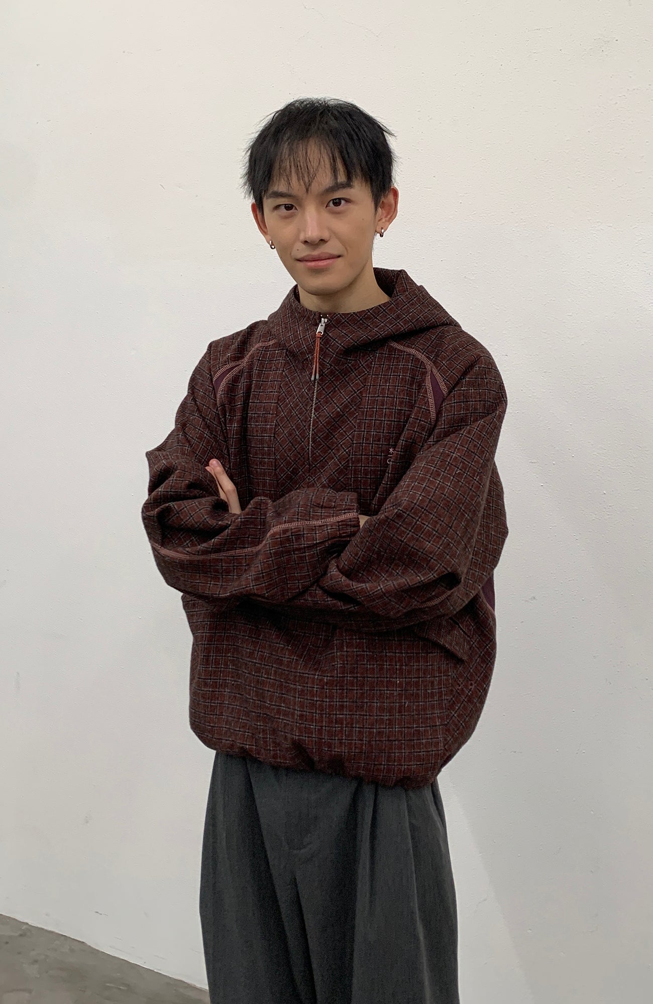 ROARINGWILD A ARCH Plaid Paneled Half-Zip Hooded Jacket