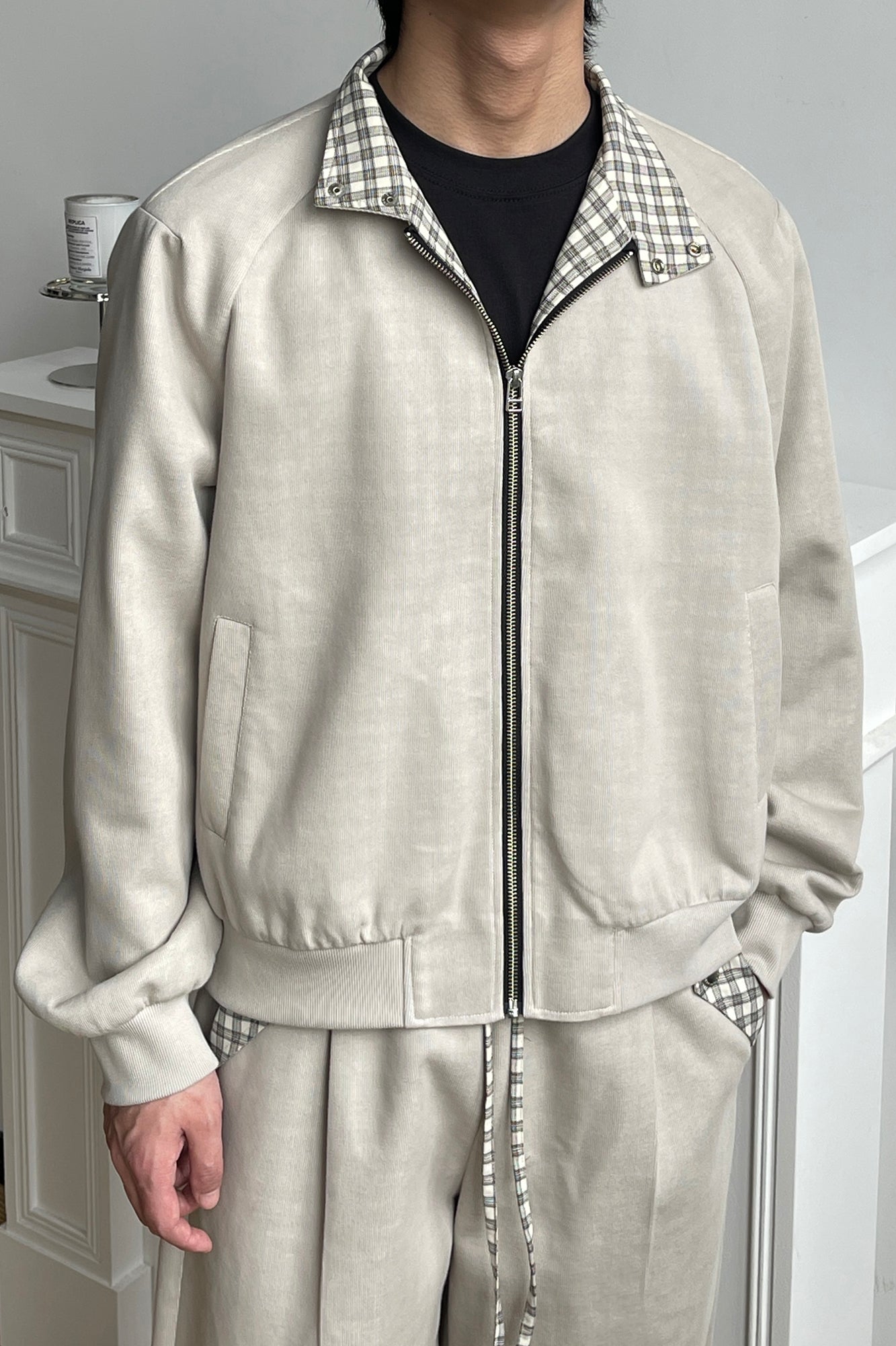 OKAYTHXBYE Checker-Lined Harrington Jacket, premium urban and streetwear designers apparel on PROJECTISR.com, OKAYTHXBYE
