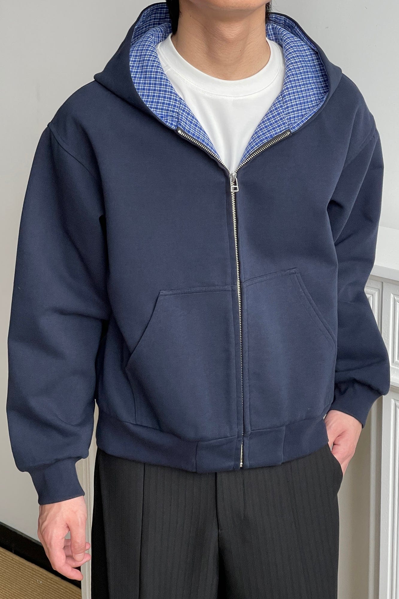 OKAYTHXBYE Houndstooth-Lined Zip-Up Hooded Jacket, premium urban and streetwear designers apparel on PROJECTISR.com, OKAYTHXBYE