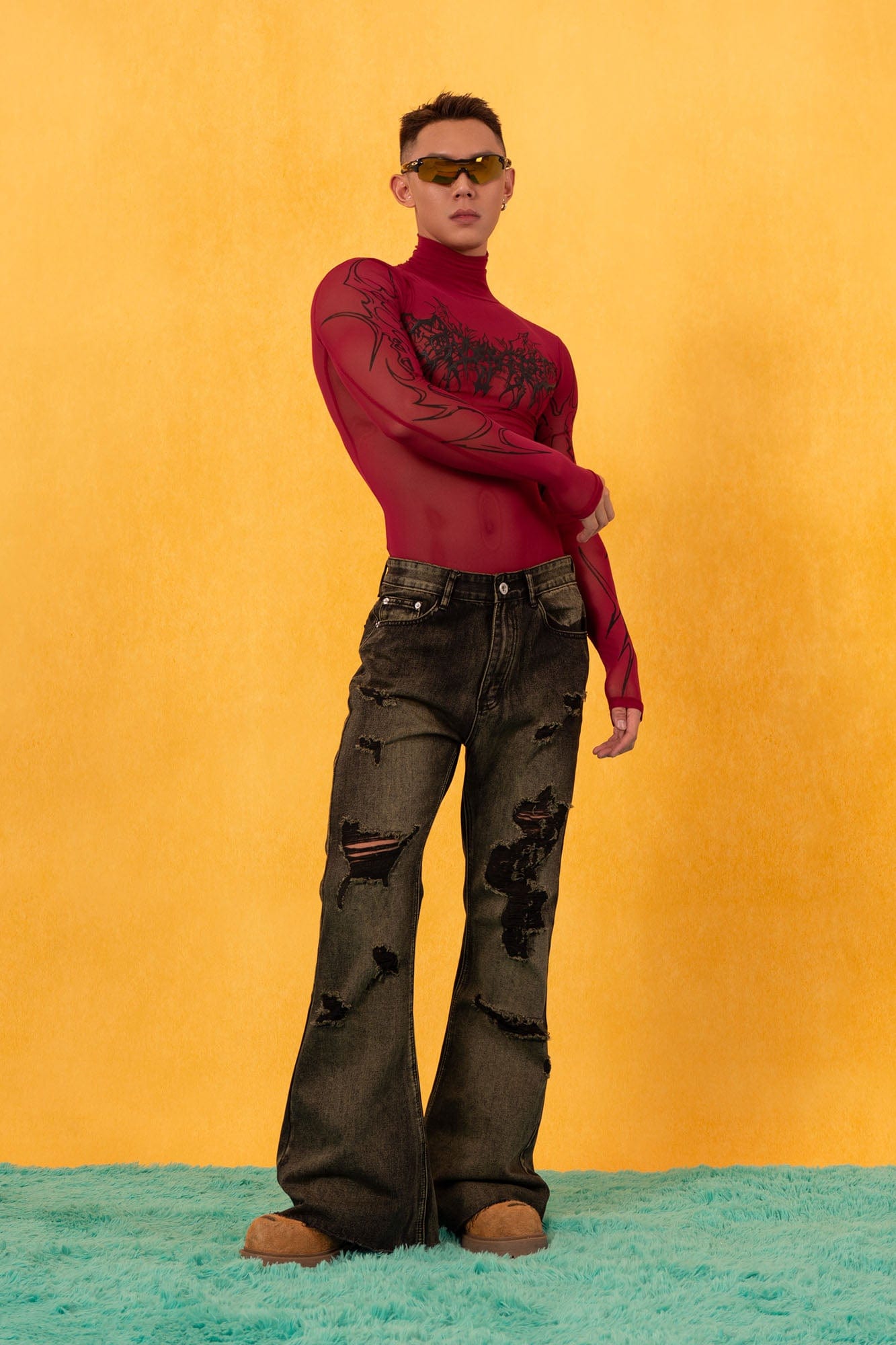 CLP Abstract Graphic Mesh Sheer Slim Turtleneck