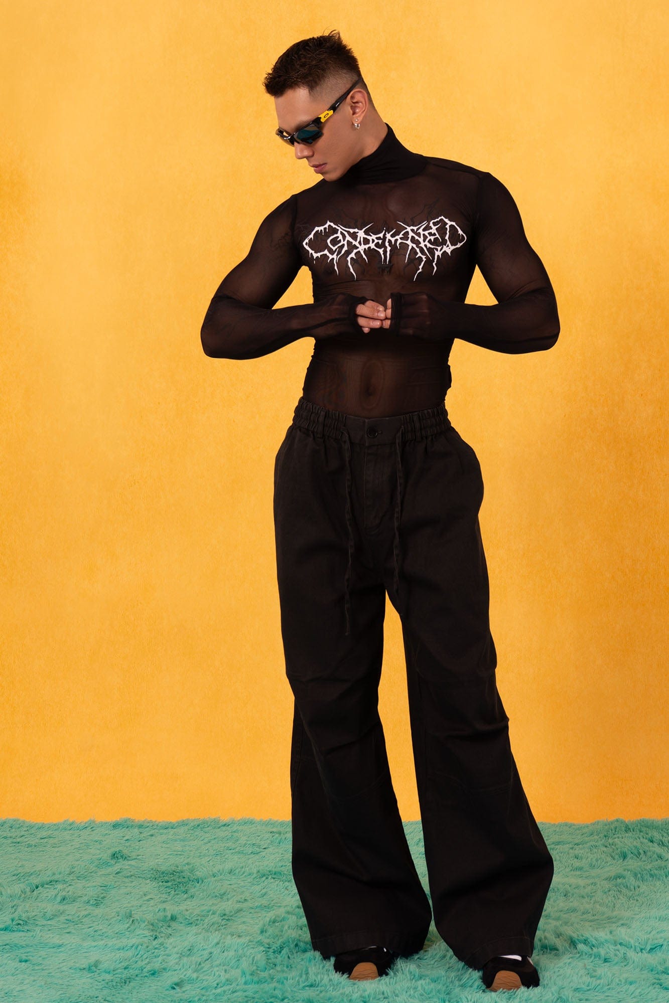CLP Abstract Graphic Mesh Sheer Slim Turtleneck