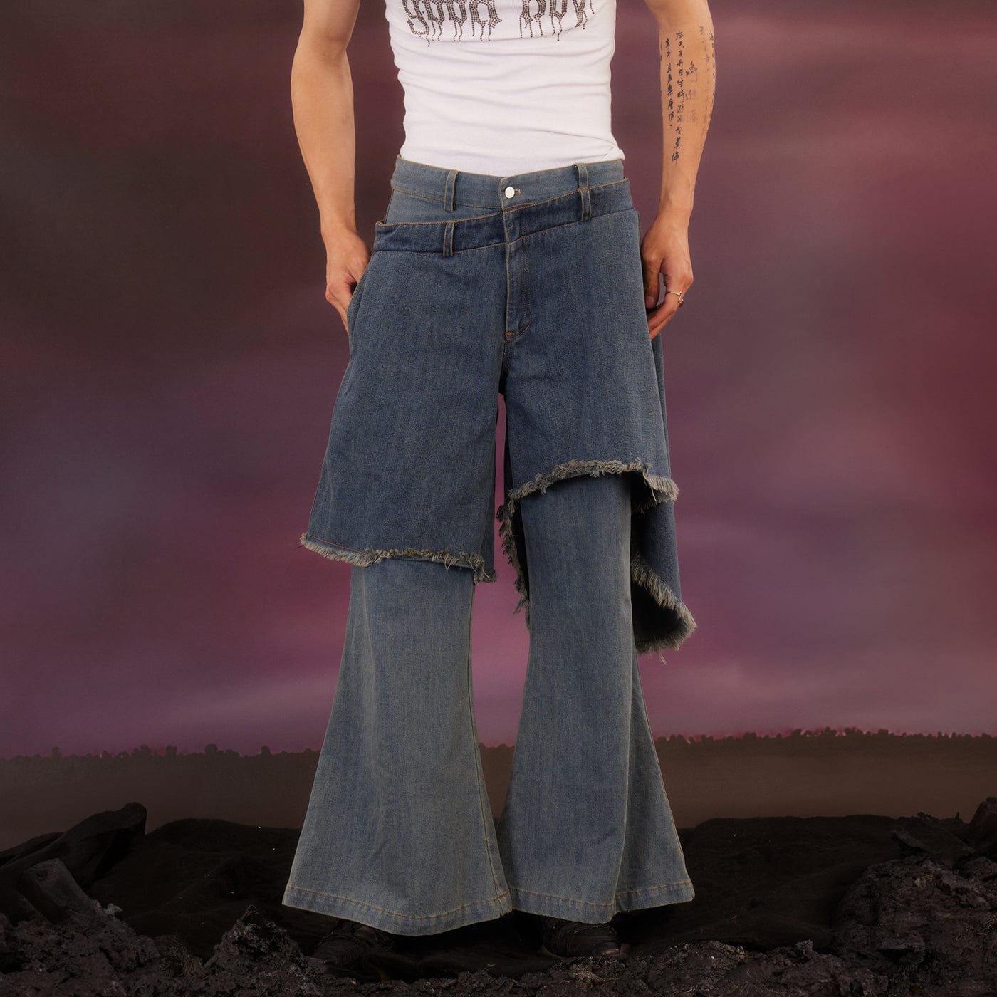 KADAKADA Raw Edge Double Layered Washed Flare Jeans, premium urban and streetwear designers apparel on PROJECTISR.com, KADAKADA