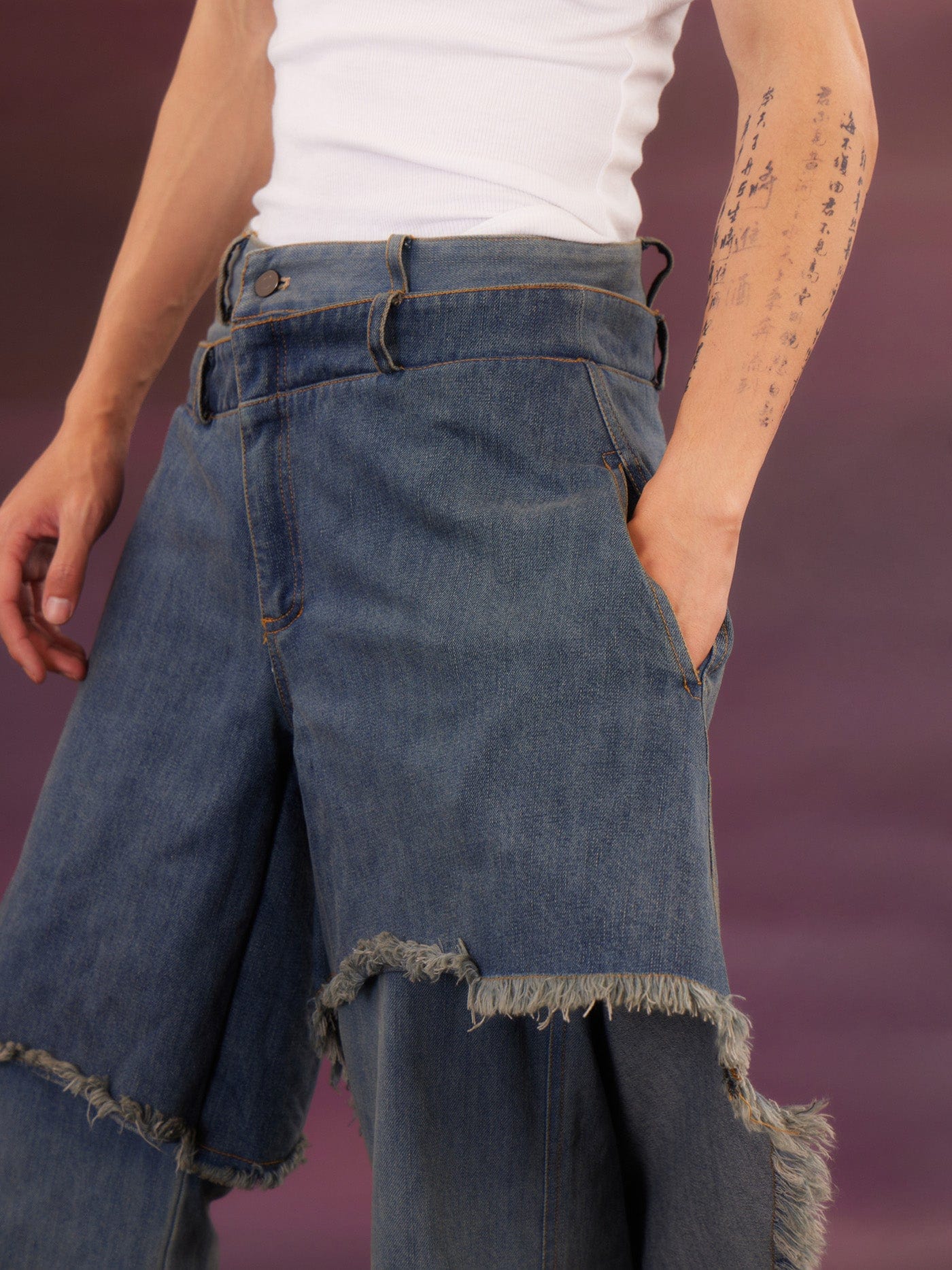 KADAKADA Raw Edge Double Layered Washed Flare Jeans, premium urban and streetwear designers apparel on PROJECTISR.com, KADAKADA