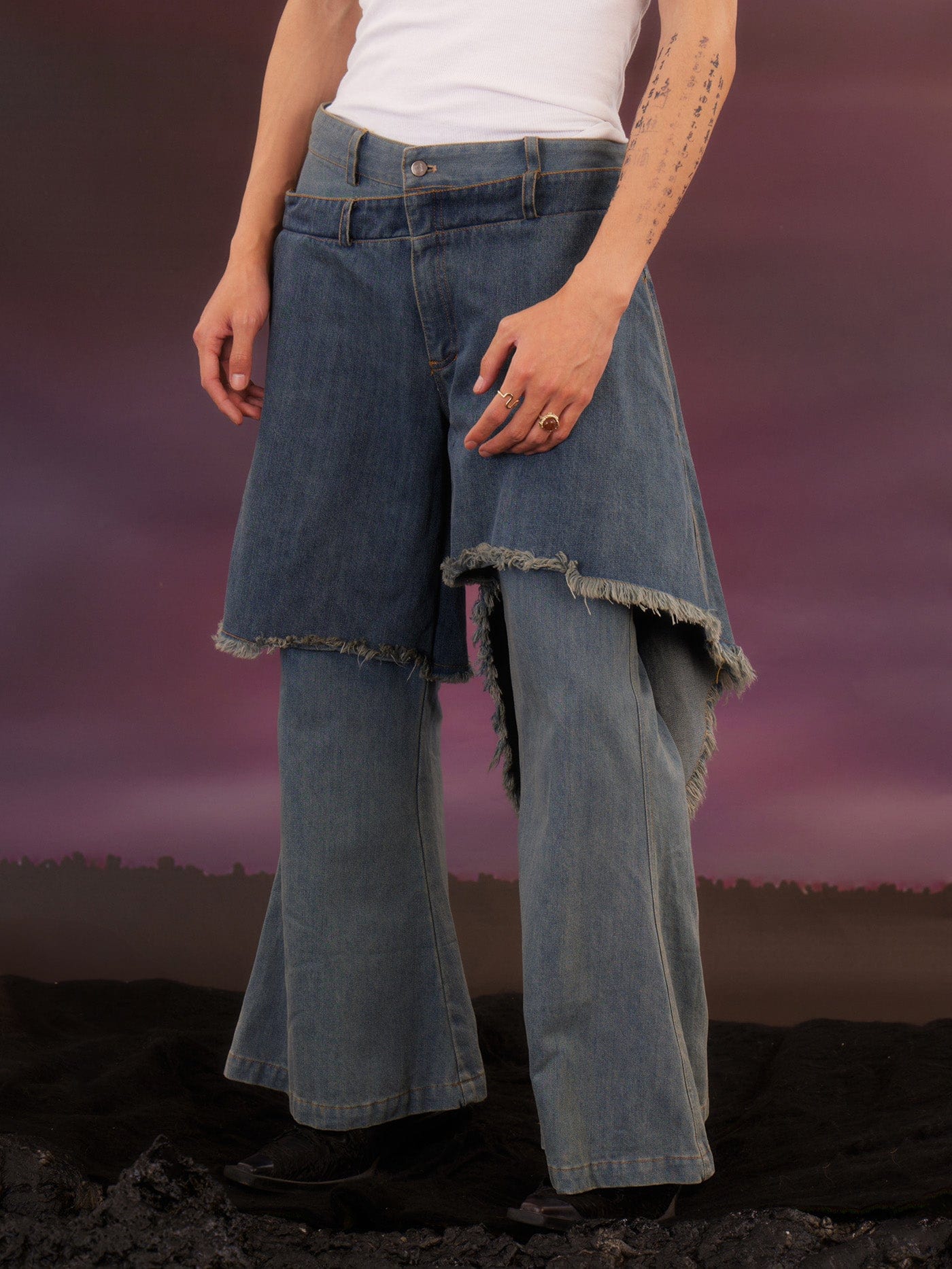KADAKADA Raw Edge Double Layered Washed Flare Jeans, premium urban and streetwear designers apparel on PROJECTISR.com, KADAKADA