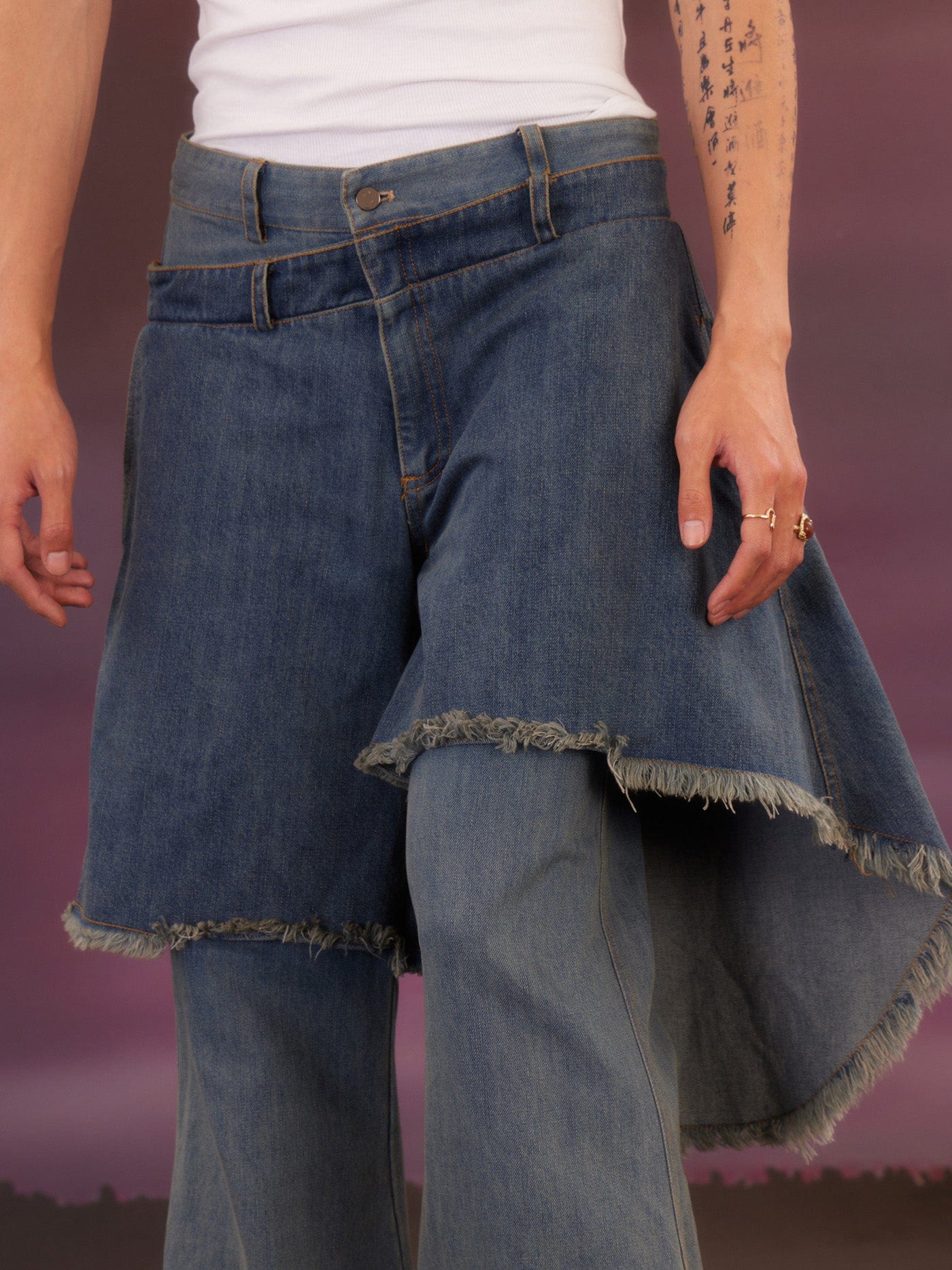 KADAKADA Raw Edge Double Layered Washed Flare Jeans, premium urban and streetwear designers apparel on PROJECTISR.com, KADAKADA