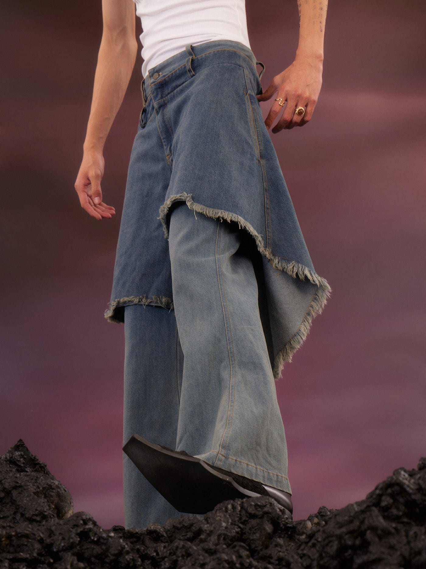 KADAKADA Raw Edge Double Layered Washed Flare Jeans, premium urban and streetwear designers apparel on PROJECTISR.com, KADAKADA