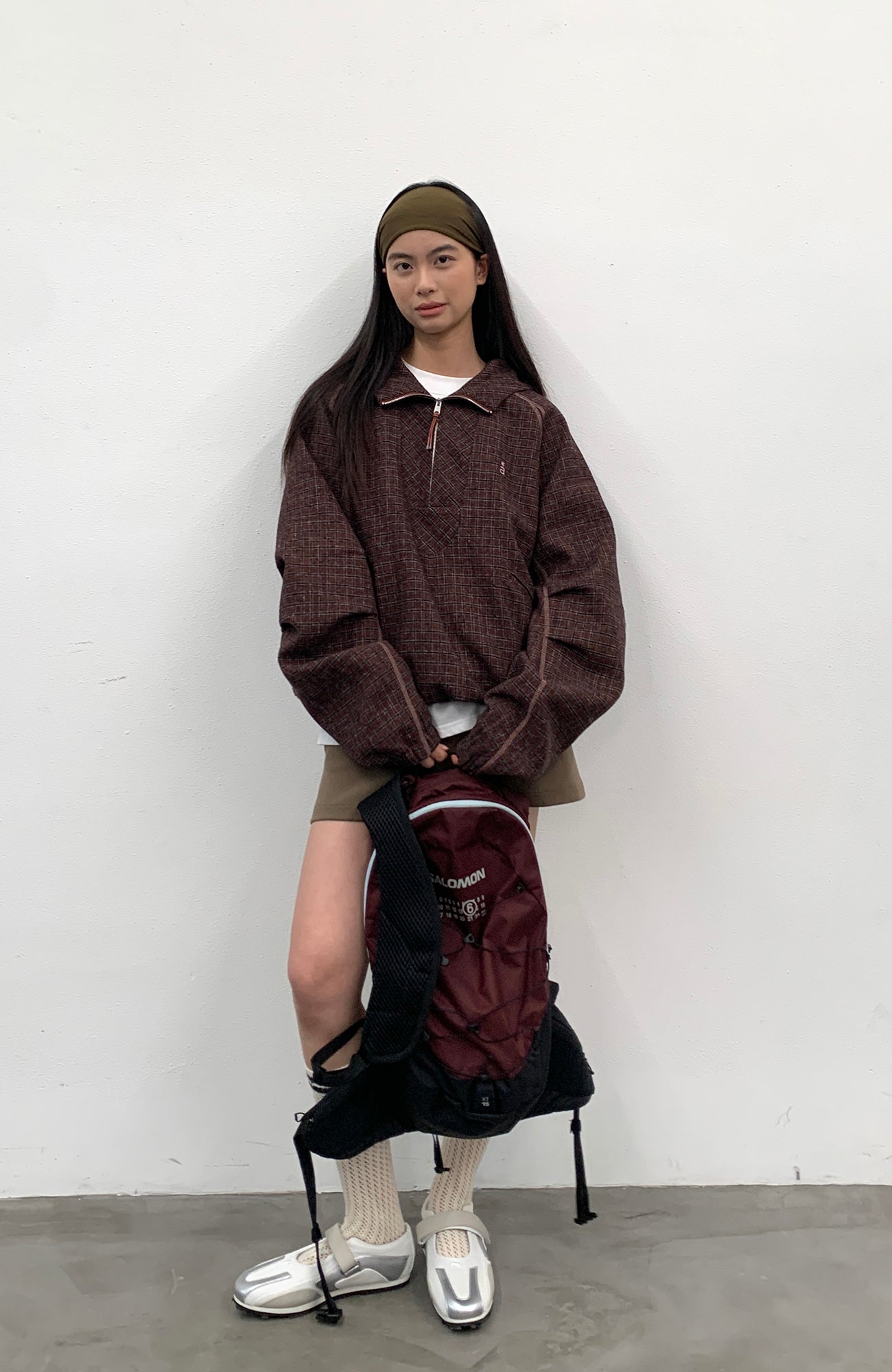 ROARINGWILD A ARCH Plaid Paneled Half-Zip Hooded Jacket