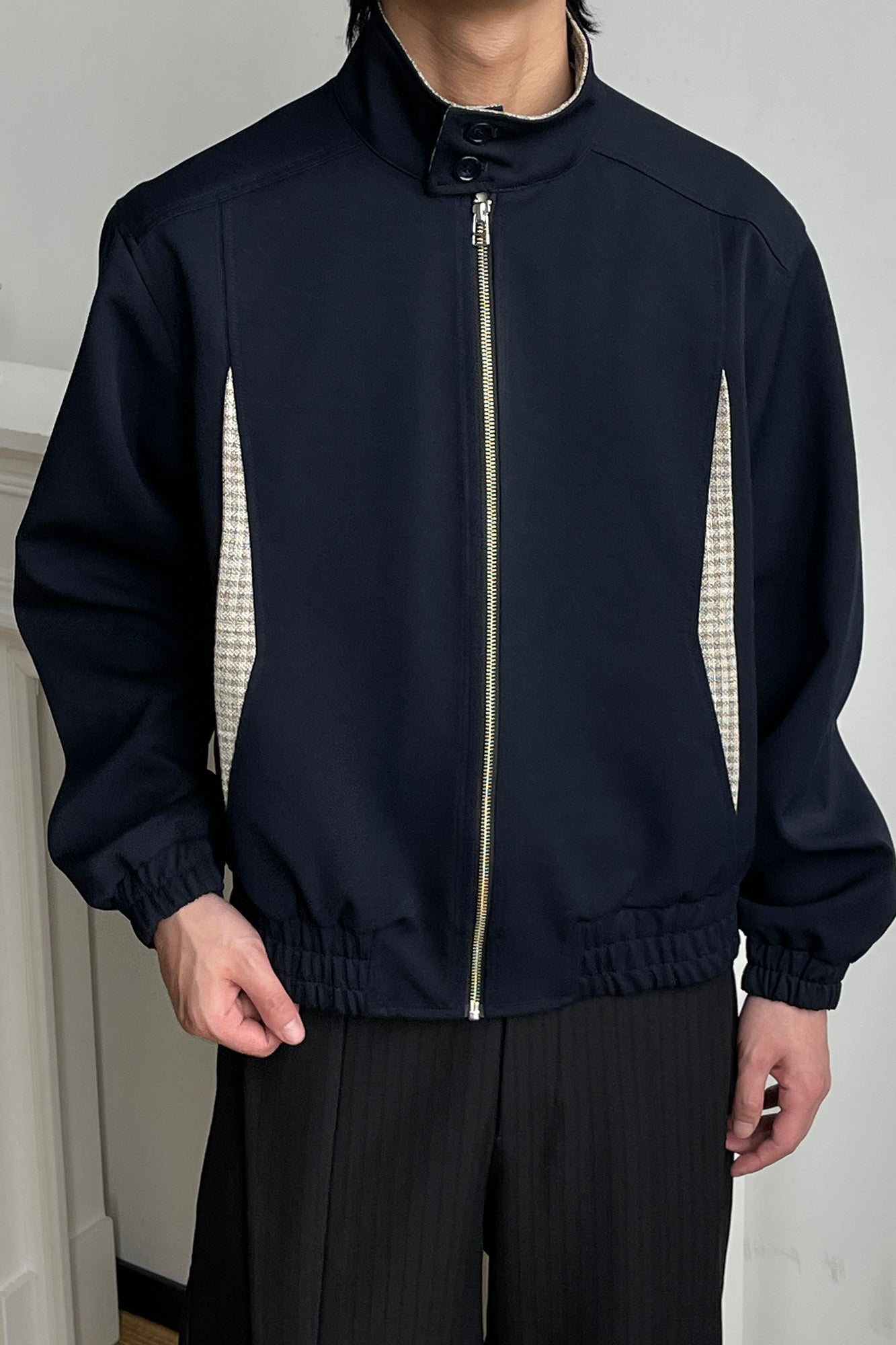 OKAYTHXBYE Checker Paneled Harrington Jacket, premium urban and streetwear designers apparel on PROJECTISR.com, OKAYTHXBYE