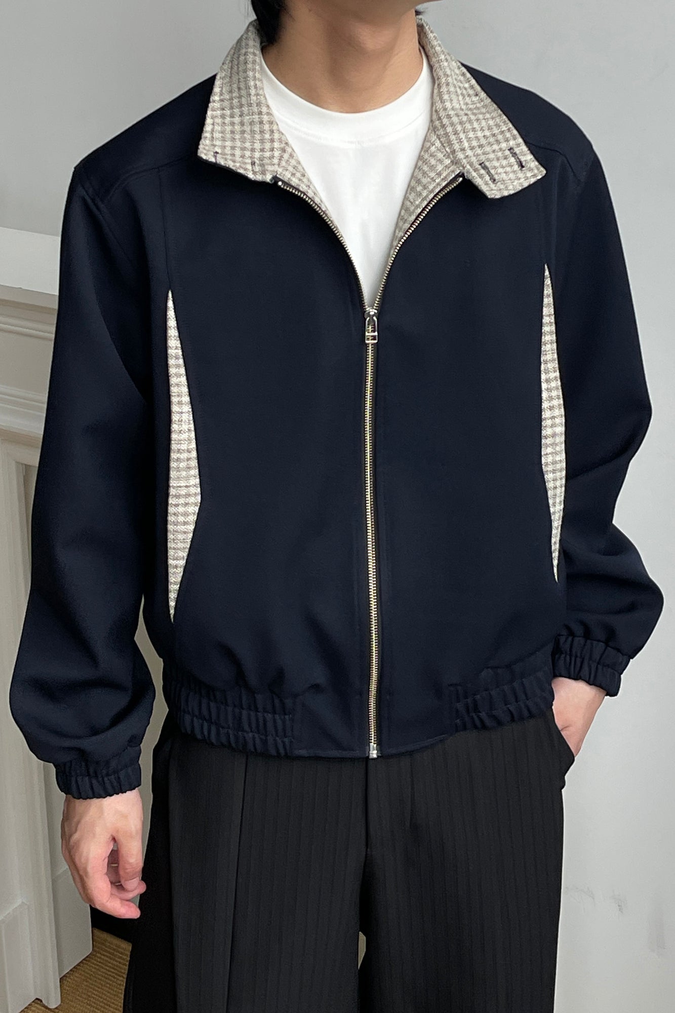 OKAYTHXBYE Checker Paneled Harrington Jacket, premium urban and streetwear designers apparel on PROJECTISR.com, OKAYTHXBYE