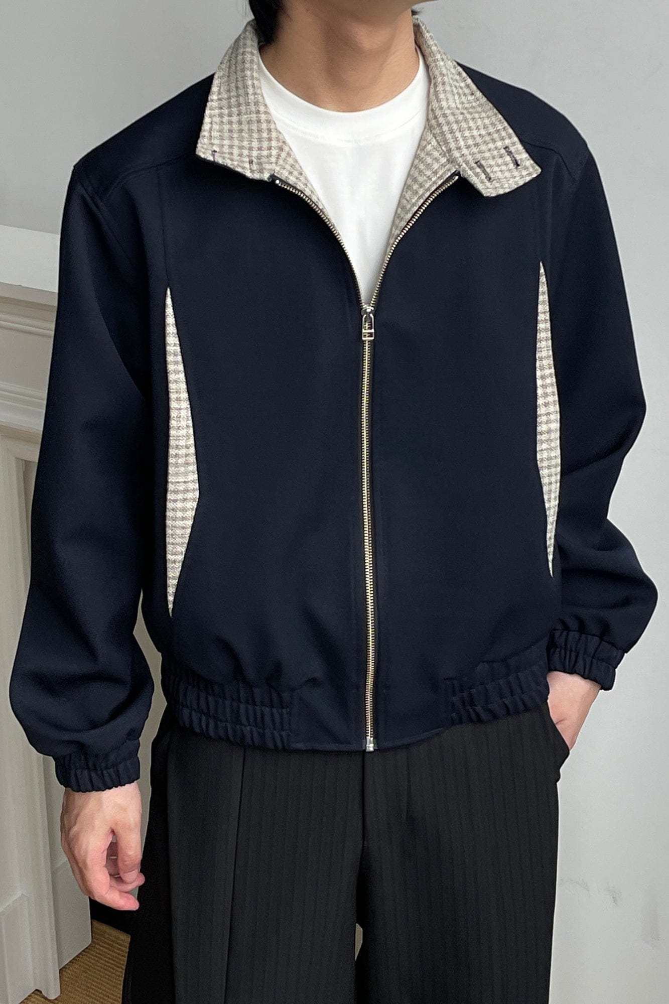 OKAYTHXBYE Checker Paneled Harrington Jacket, premium urban and streetwear designers apparel on PROJECTISR.com, OKAYTHXBYE