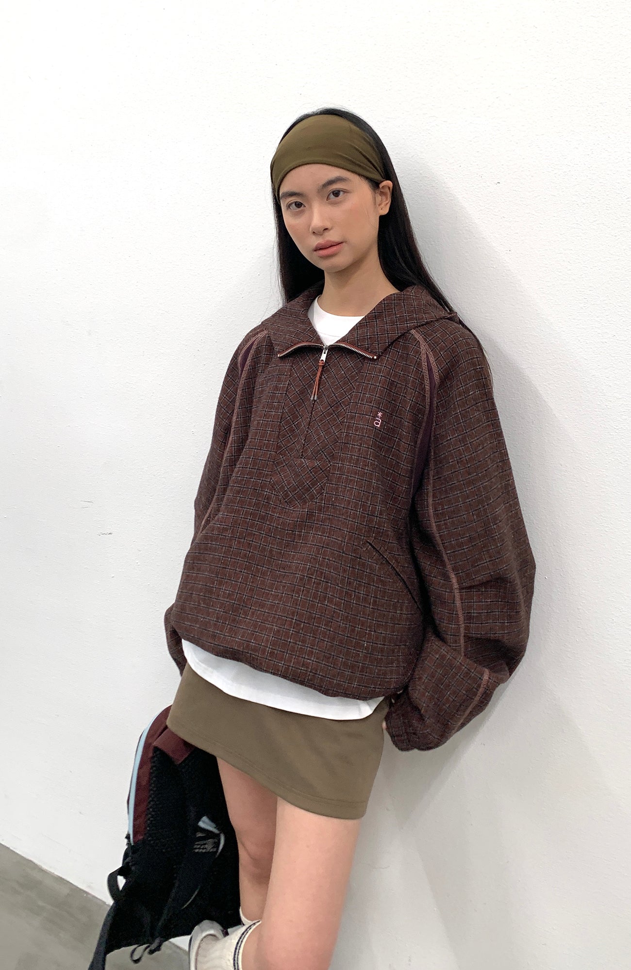 ROARINGWILD A ARCH Plaid Paneled Half-Zip Hooded Jacket