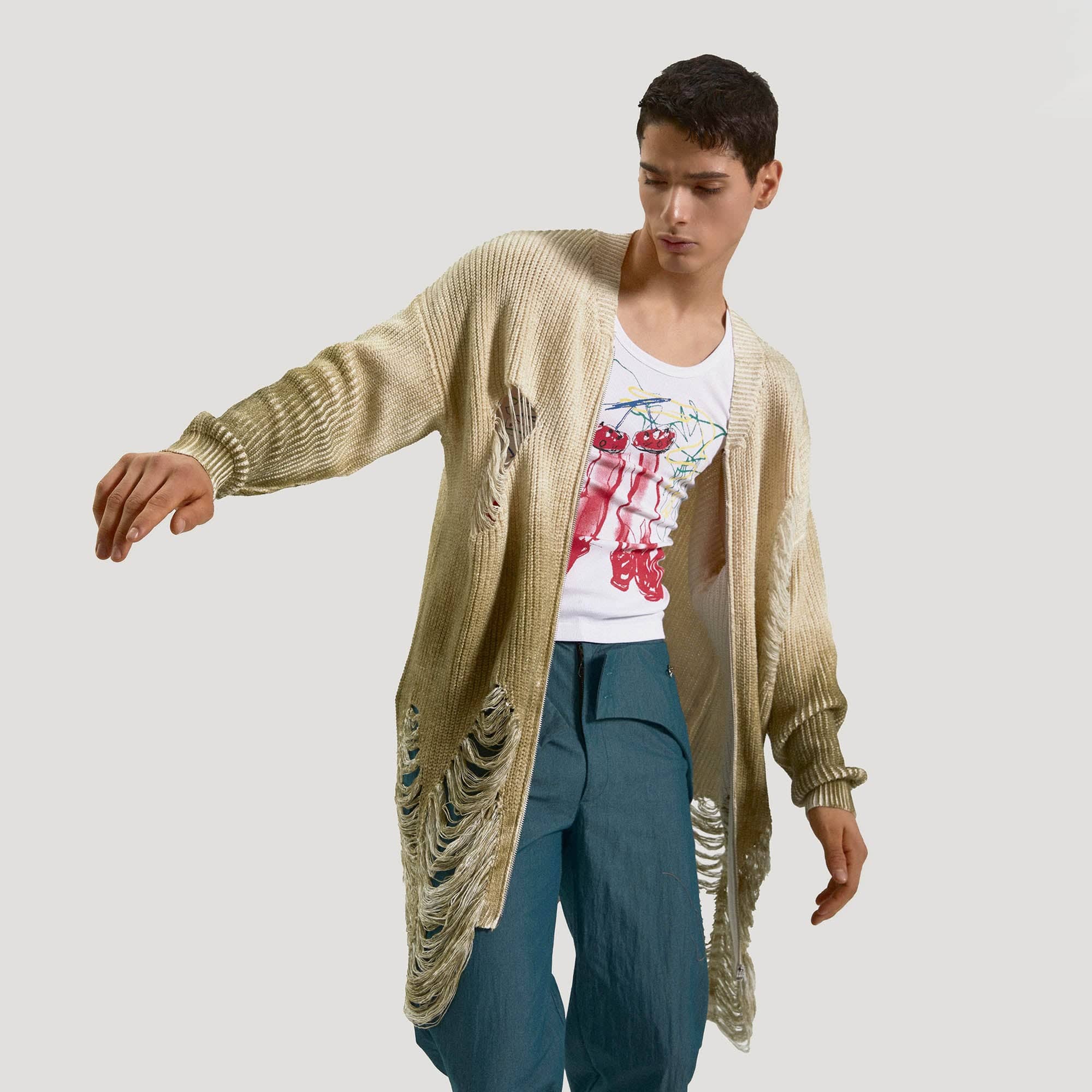 KADAKADA Heavily Distressed Gradient Long Knit Cardigan, premium urban and streetwear designers apparel on PROJECTISR.com, KADAKADA